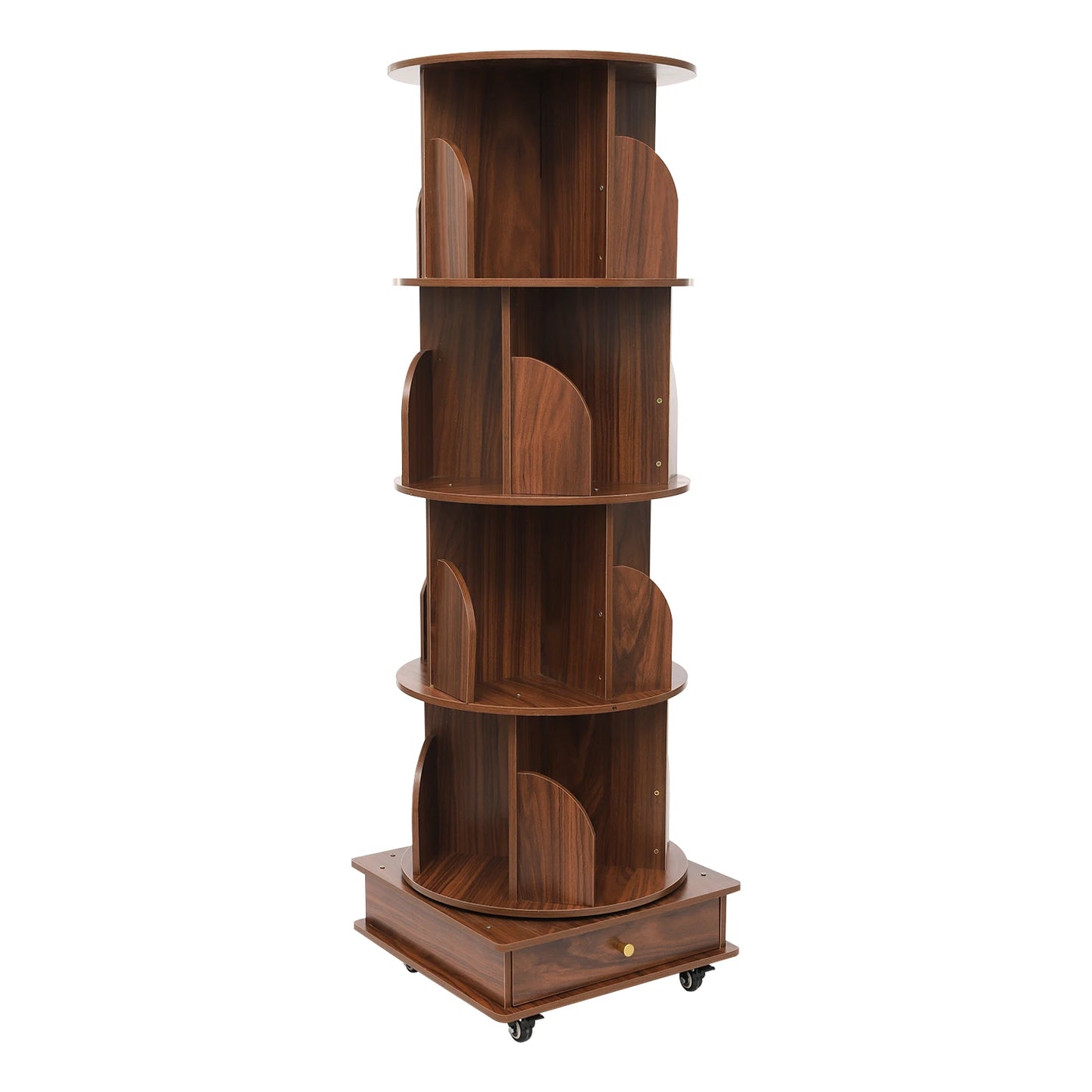 Rotating solid wood bookcase with drawer – 4 levels, 360° rotatable, on castors