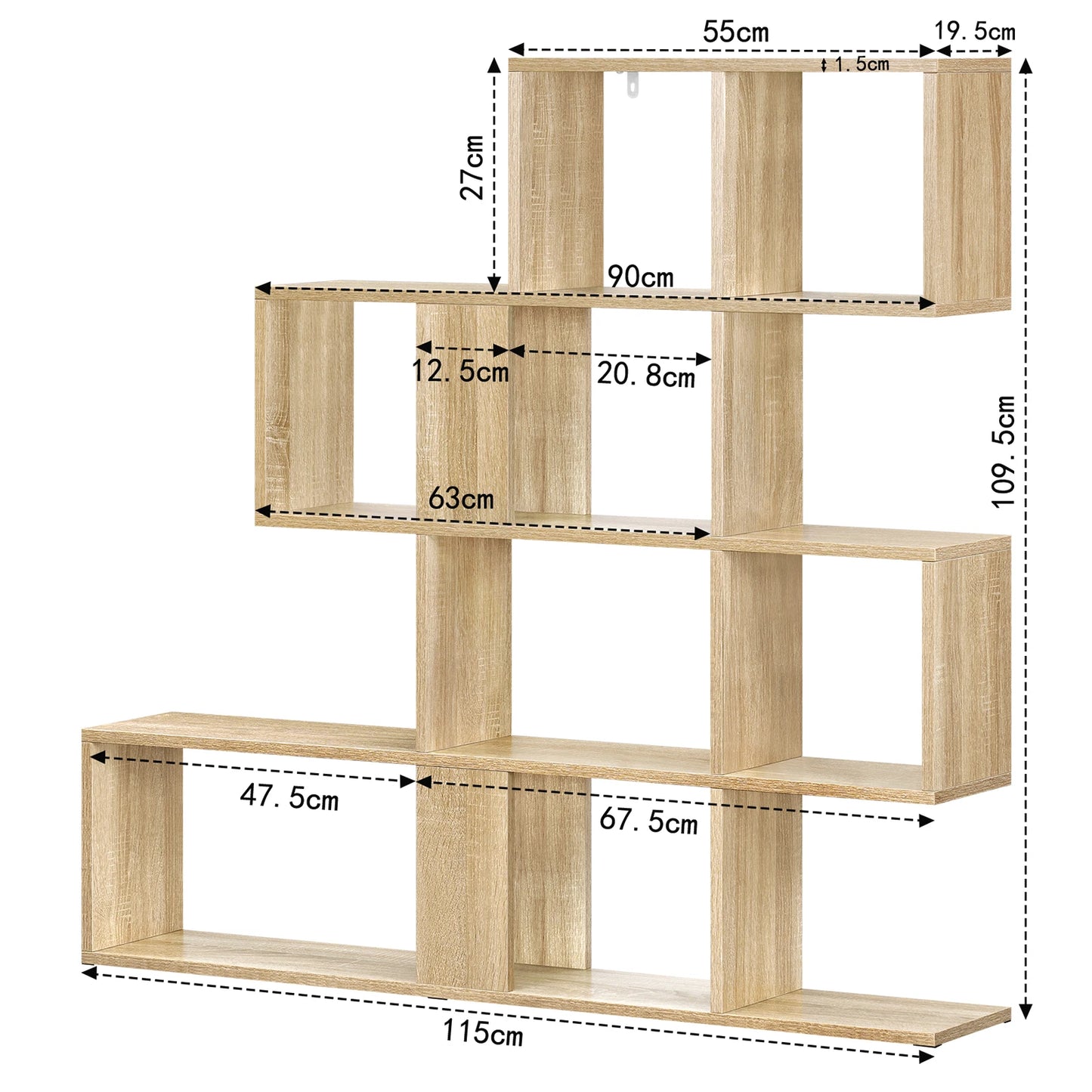Bücherregal Treppenregal 4 Ebenen 115x109,5x19,5 cm Raumteiler Regal Weiß/Helle Eiche für Wohnzimmer Büro Schlafzimmer