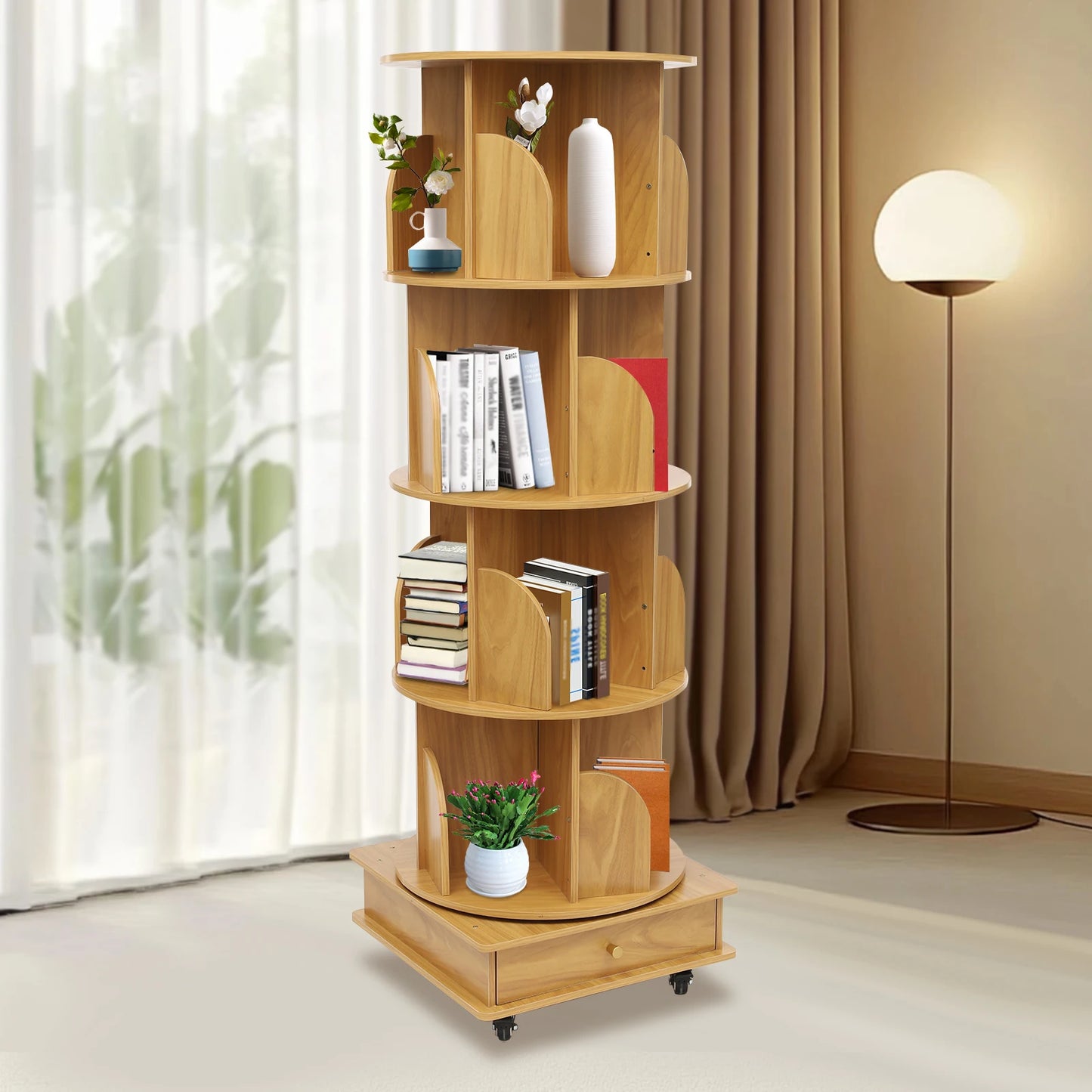 4-stufiges drehbares Bücherregal mit 360° Drehung 80–100 Bücher Holz Bücherregal mit Rollen für Wohnzimmer Büro Kinderzimmer