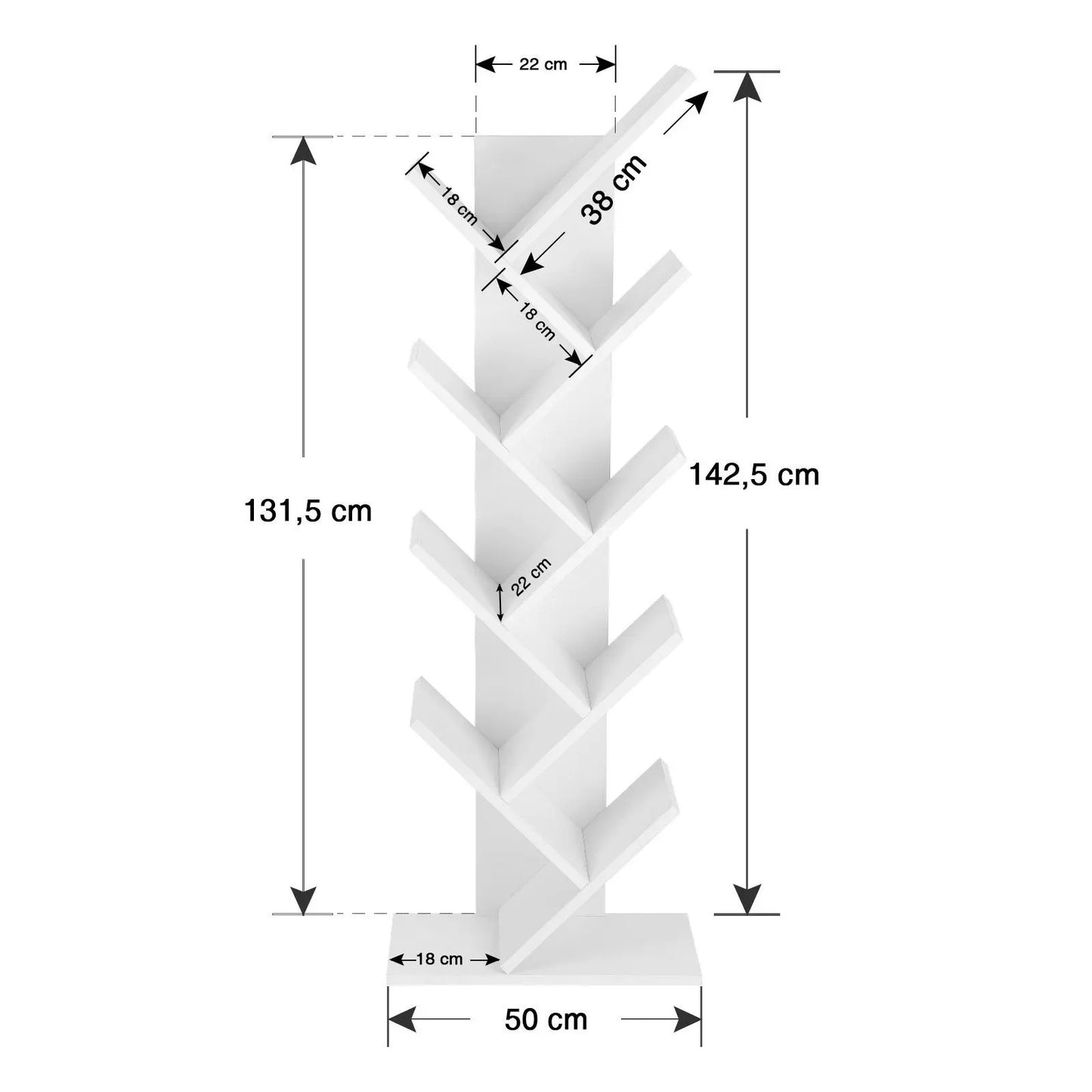 VASAGLE Tree-Shaped Bookshelf – 8 Tiers, White Wooden Shelf, Space-Saving & Modern