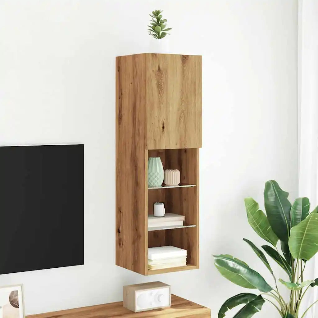 TV cabinet 30.5×30×102 cm – Handcrafted from engineered wood in Artisan Oak with LED lighting | Wall mounting possible