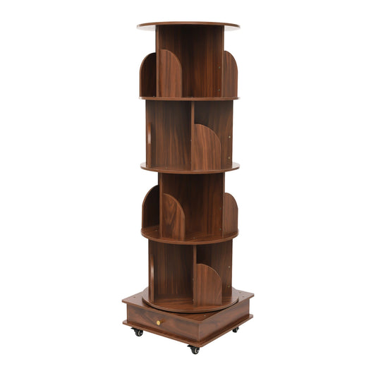 4-Tier Rotating Bookshelf with 360° Rotation 80-100 Books Wooden Bookcase with Wheels for Living Room Office Children's Room