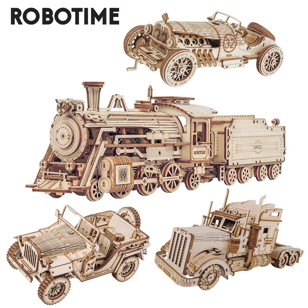 Robotime ROKR 3D Holzpuzzle Fahrzeuge – Dampfzug, Jeep, Truck & Rennwagen zum Selbstbauen