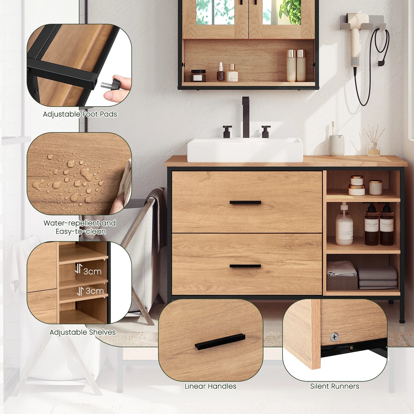 Waschtischunterschrank 90×60 cm mit 2 Schubladen & 3 Fächern – Eiche/Schwarz