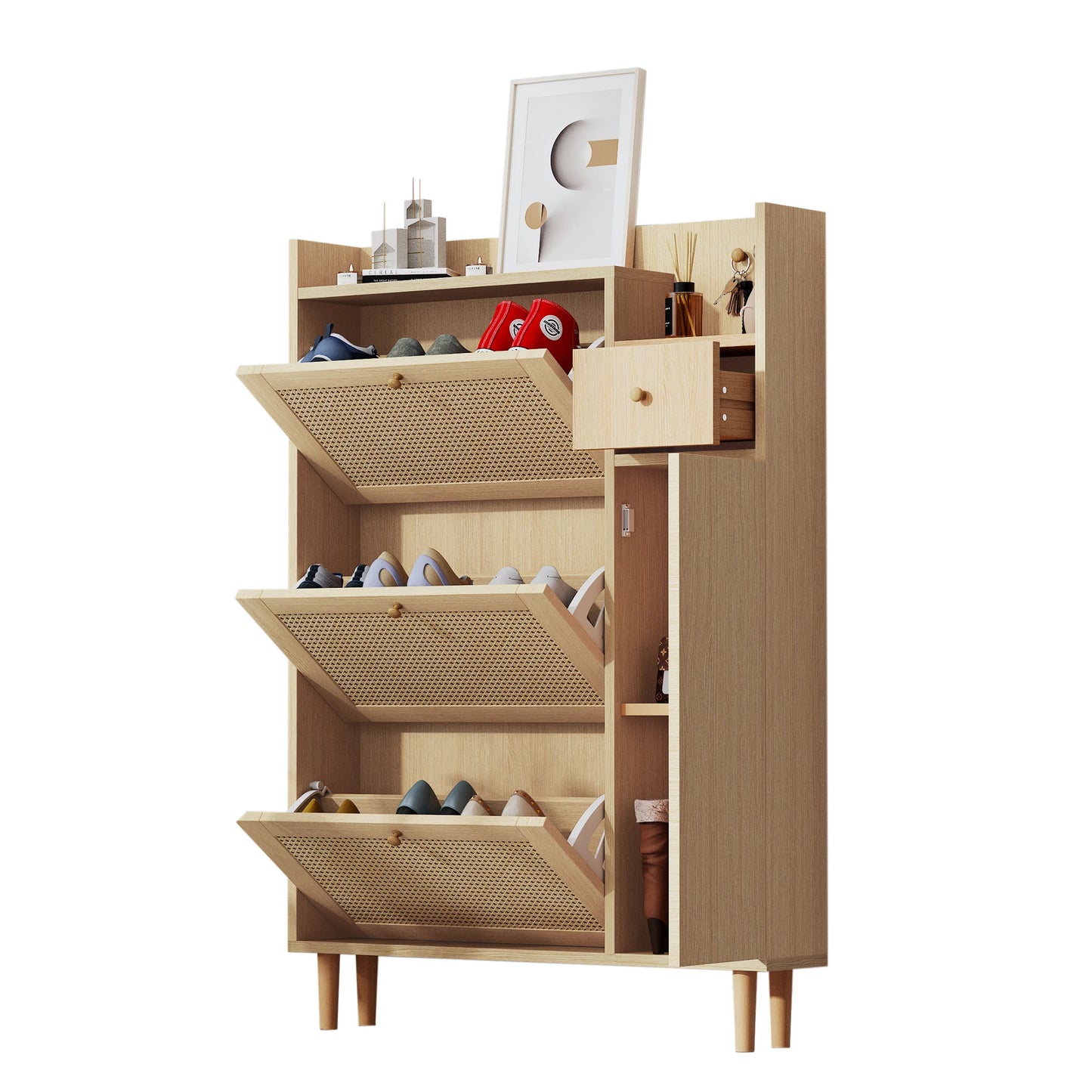Schuhschrank mit Rattan-Optik – 3 Kippfächer & Schublade, kompakt & stilvoll