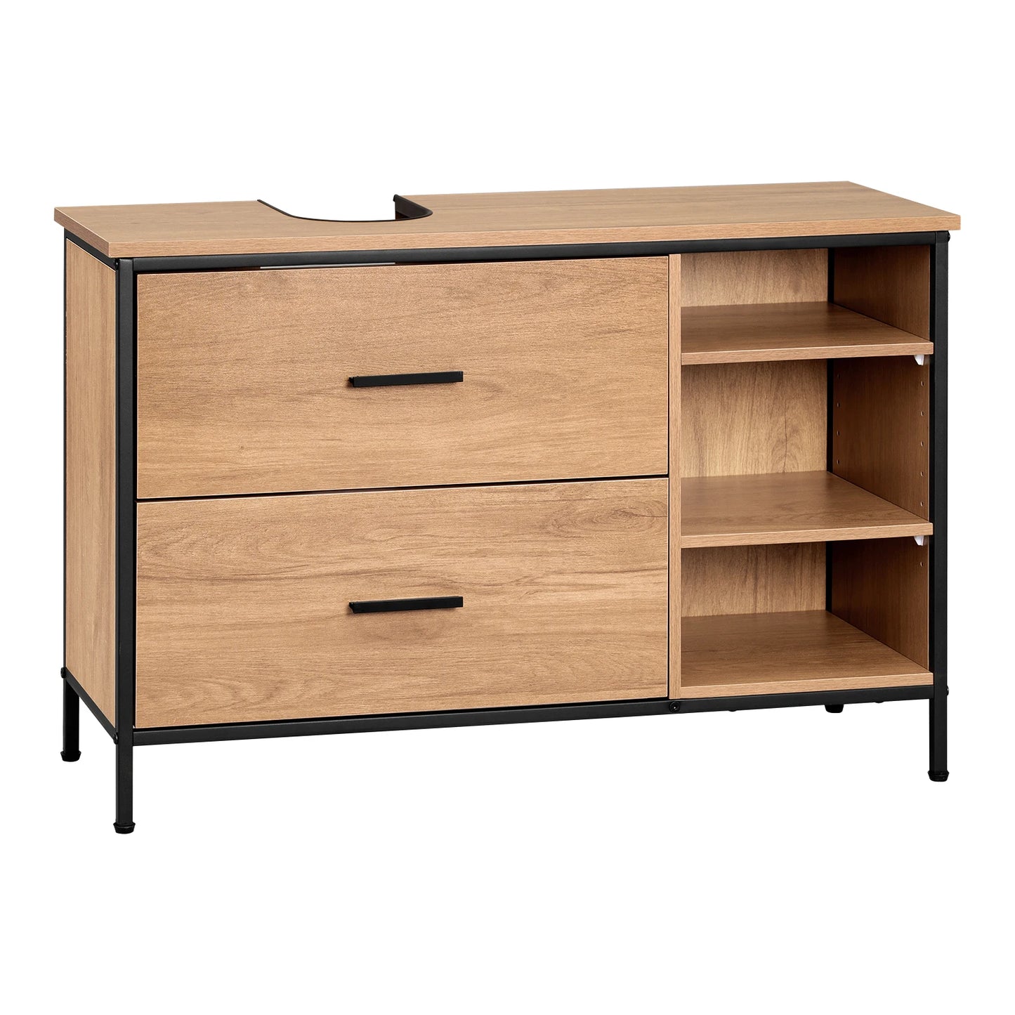 Waschtischunterschrank 90×60 cm mit 2 Schubladen & 3 Fächern – Eiche/Schwarz