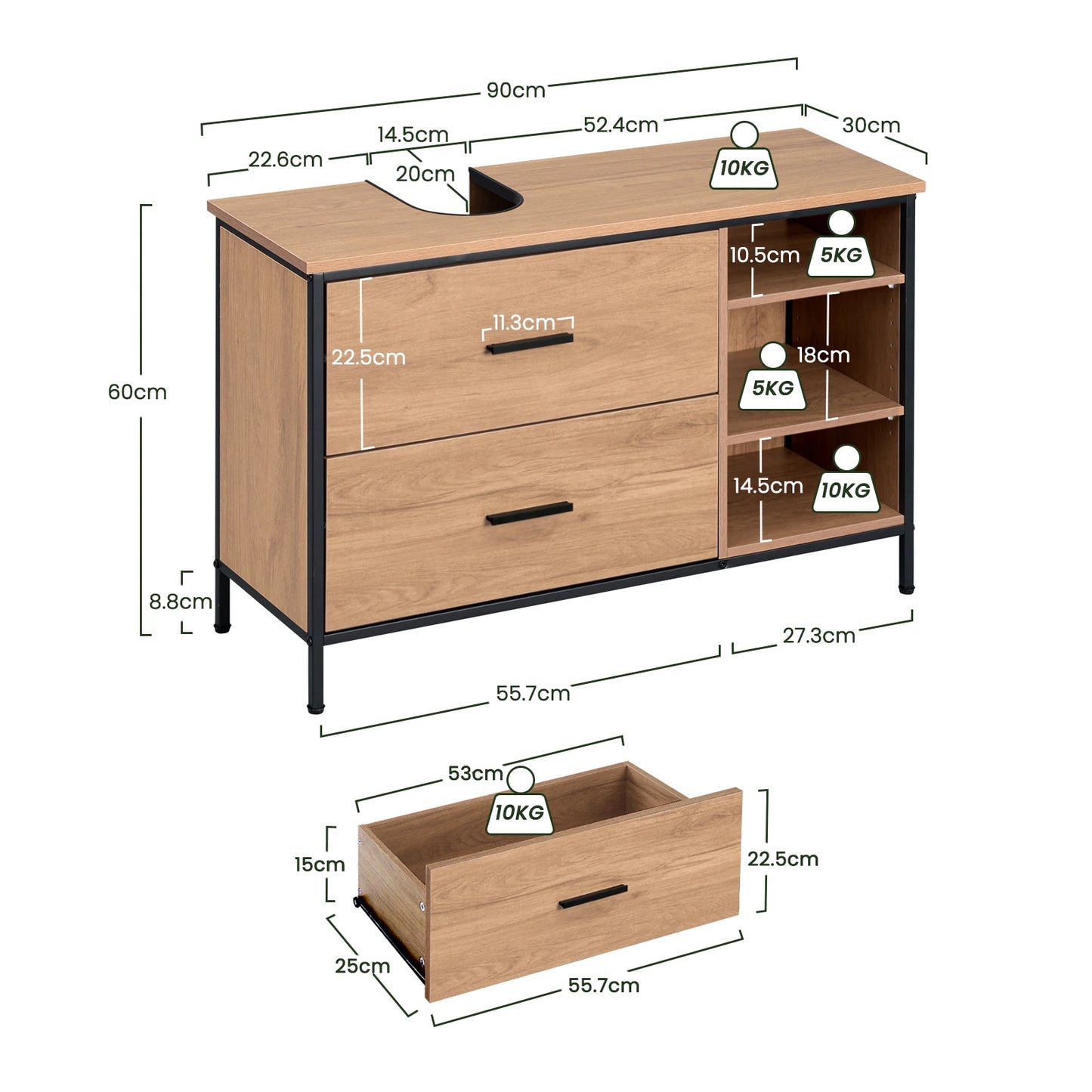 Waschtischunterschrank 90×60 cm mit 2 Schubladen & 3 Fächern – Eiche/Schwarz