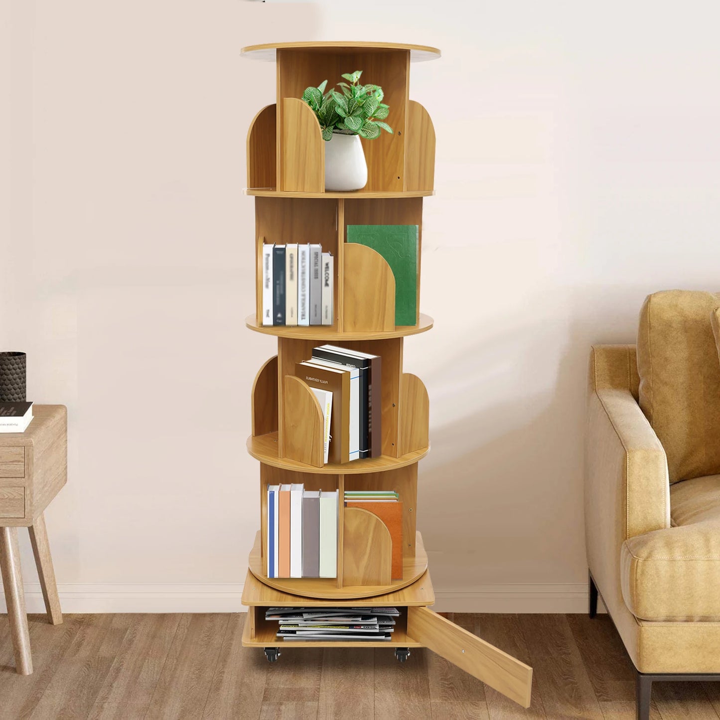 Rotating solid wood bookcase with drawer – 4 levels, 360° rotatable, on castors