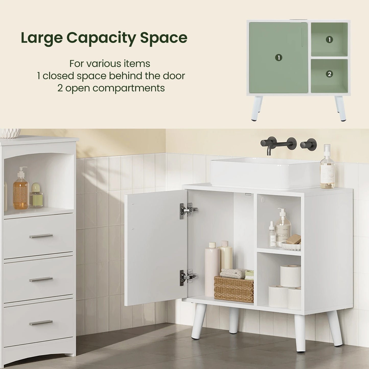 Badezimmerschrank unter Waschbecken 60×60 cm – mit Tür & 2 offenen Regalen