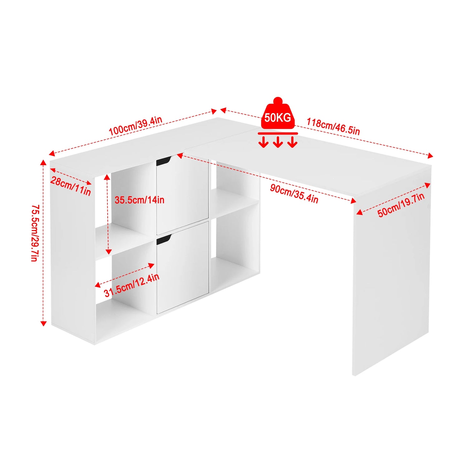Weißer L-förmiger Computertisch mit Regalen 118 x 100 x 75 cm Eckschreibtisch mit Bücherregal für Büro und Home Office