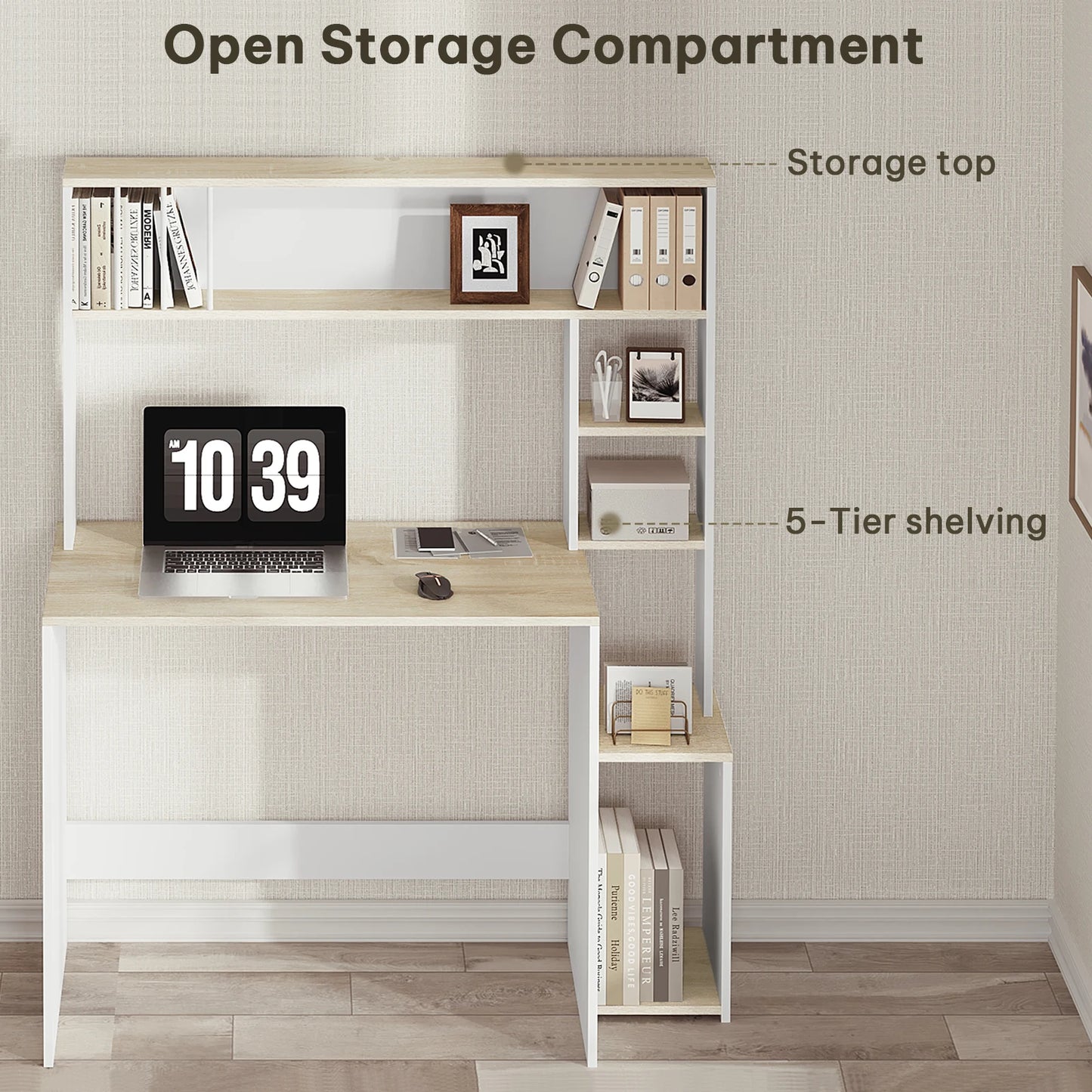Computer desk with storage space 113.5 x 45 x 139 cm Desk with 5 shelves Scandinavian workstation for office and living room
