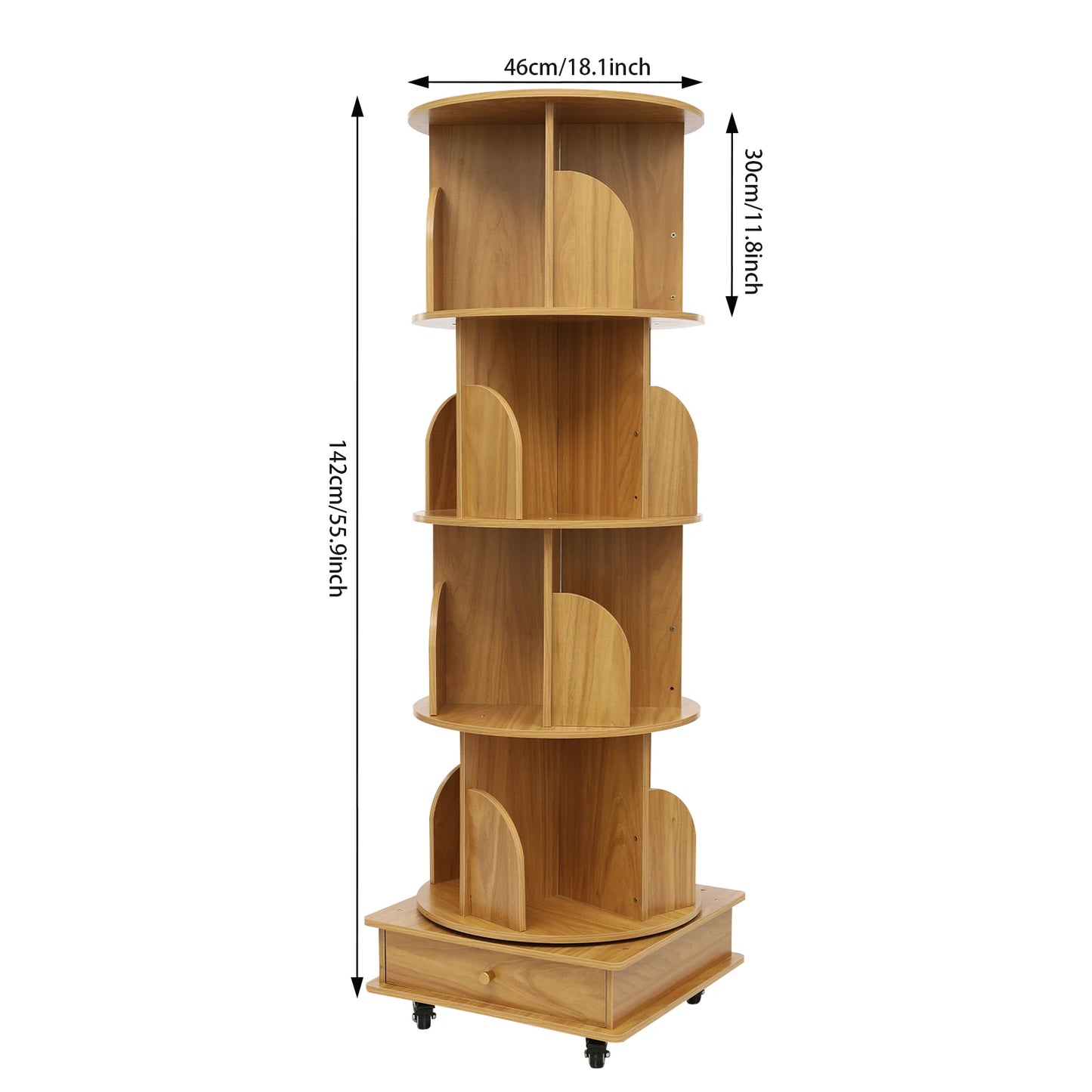 Rotating solid wood bookcase with drawer – 4 levels, 360° rotatable, on castors