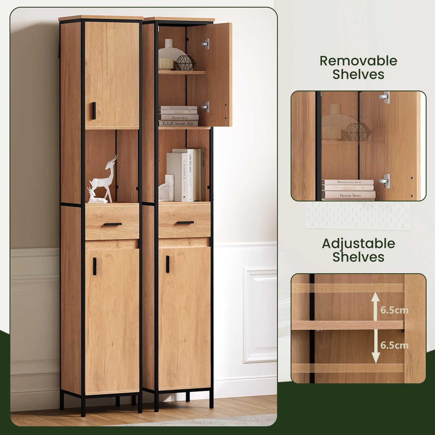 Tall bathroom cabinet 30×180 cm with drawer & shelves – Black/Oak