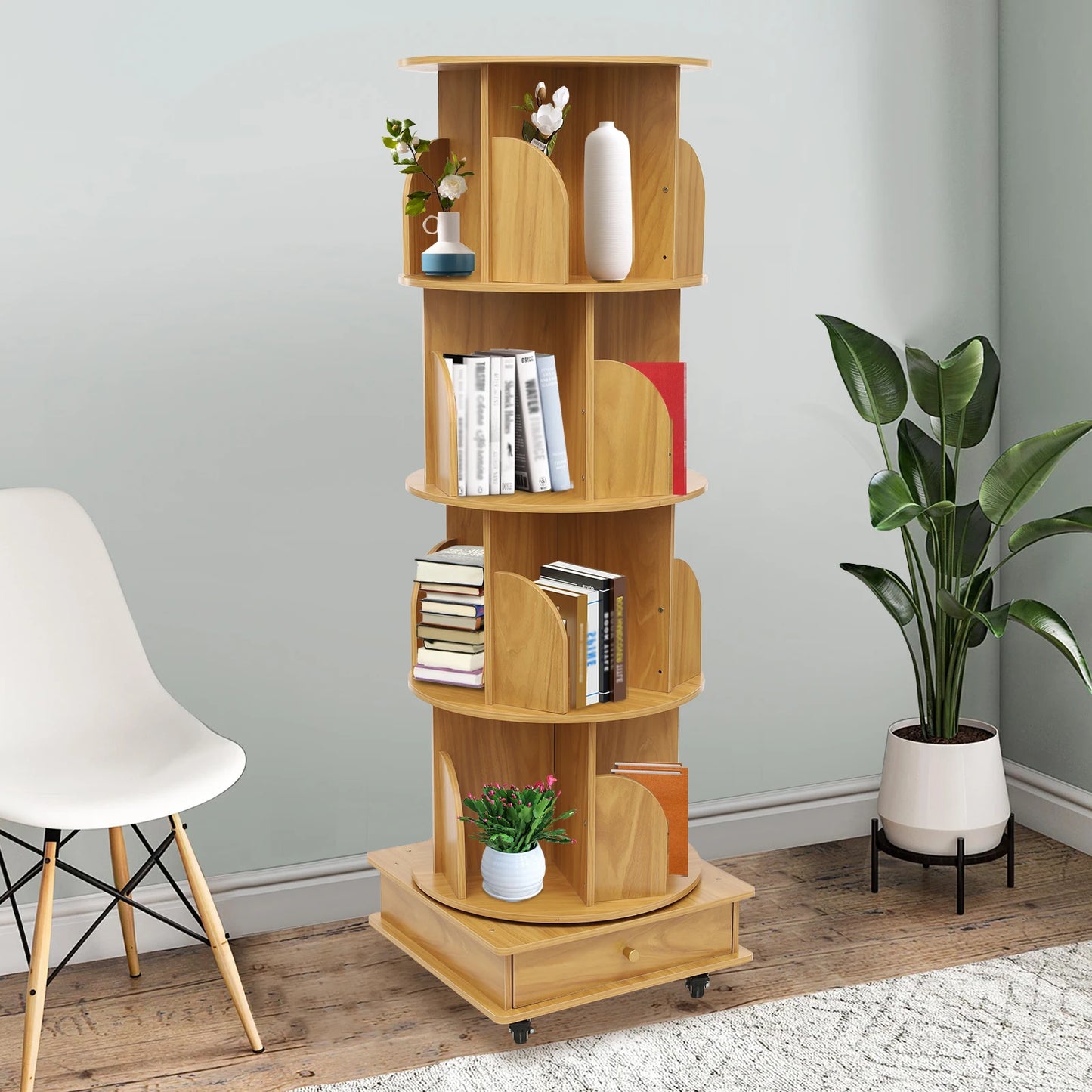 Rotating solid wood bookcase with drawer – 4 levels, 360° rotatable, on castors