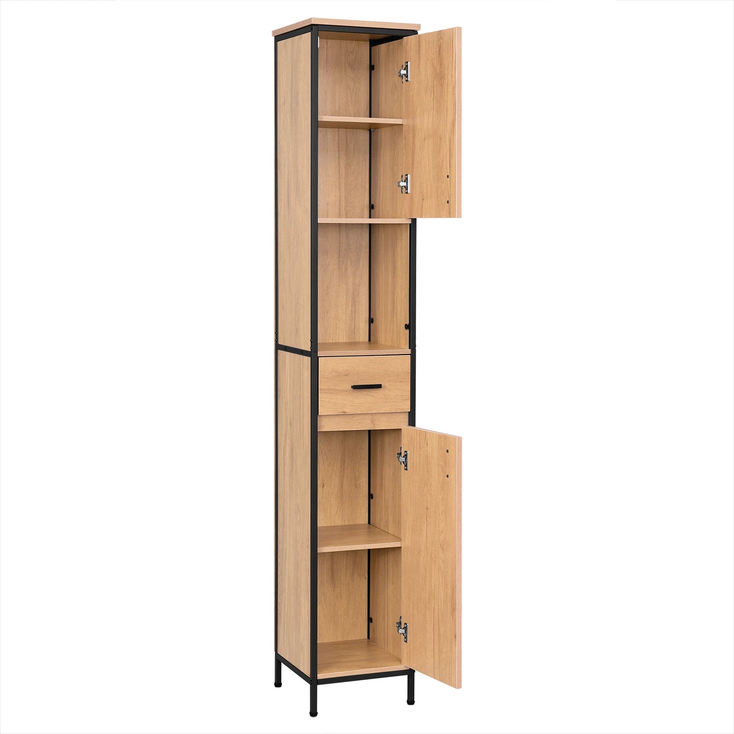 Tall bathroom cabinet 30×180 cm with drawer & shelves – Black/Oak