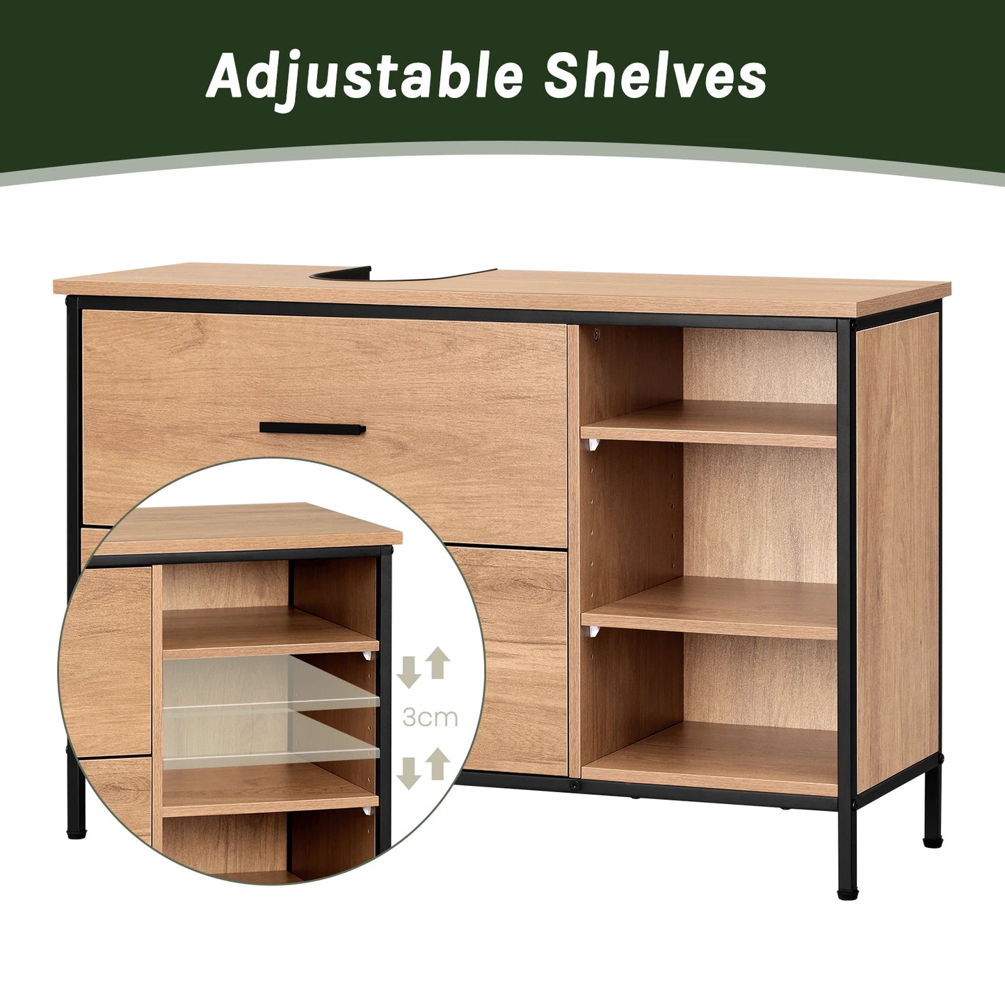 Waschtischunterschrank 90×60 cm mit 2 Schubladen & 3 Fächern – Eiche/Schwarz