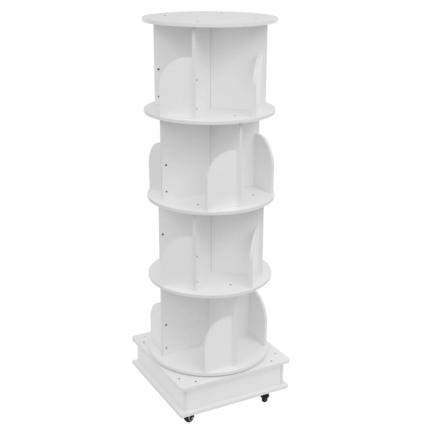 Rotating solid wood bookcase with drawer – 4 levels, 360° rotatable, on castors