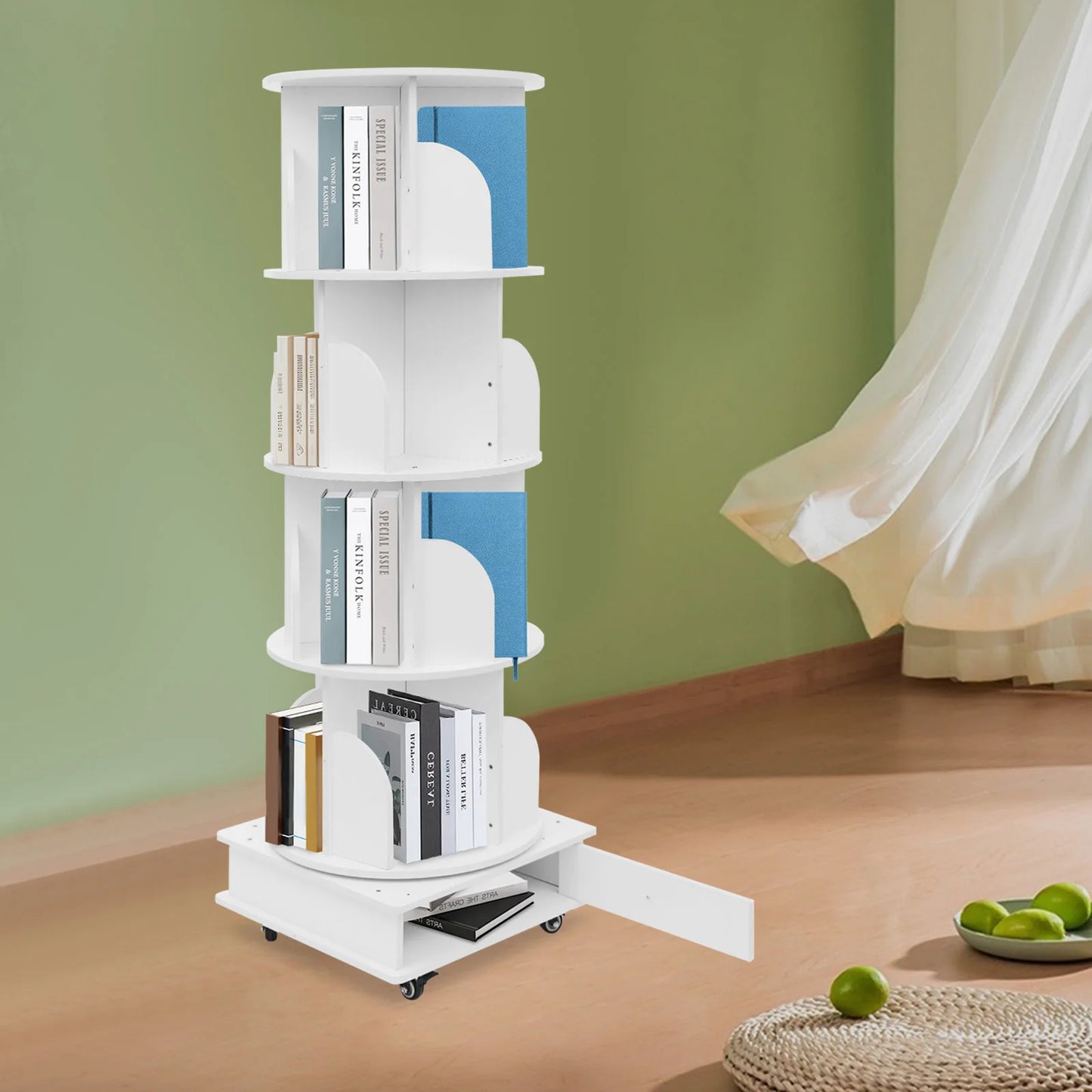 Rotating solid wood bookcase with drawer – 4 levels, 360° rotatable, on castors