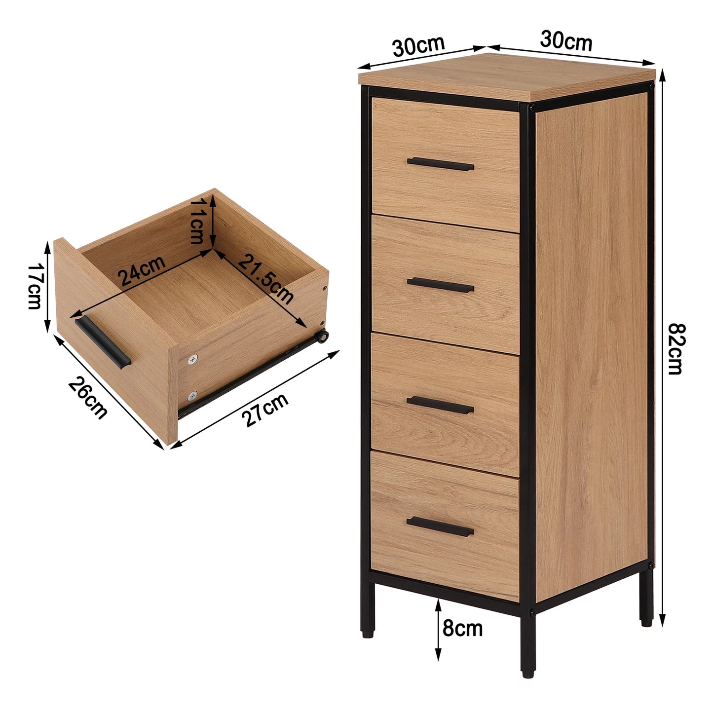 Meuble de salle de bain étroit avec 4 tiroirs, chêne/noir 82 cm
