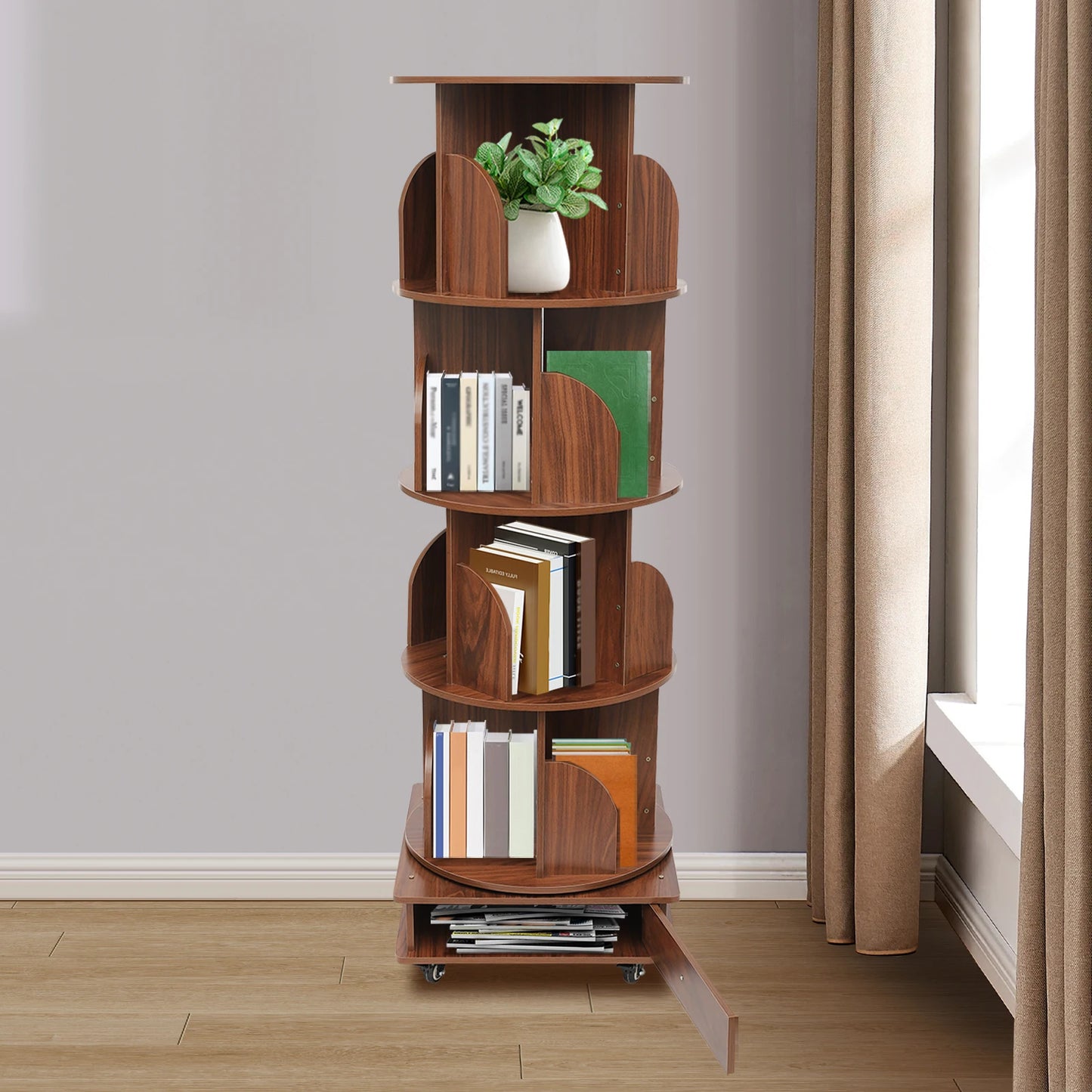 Rotating solid wood bookcase with drawer – 4 levels, 360° rotatable, on castors