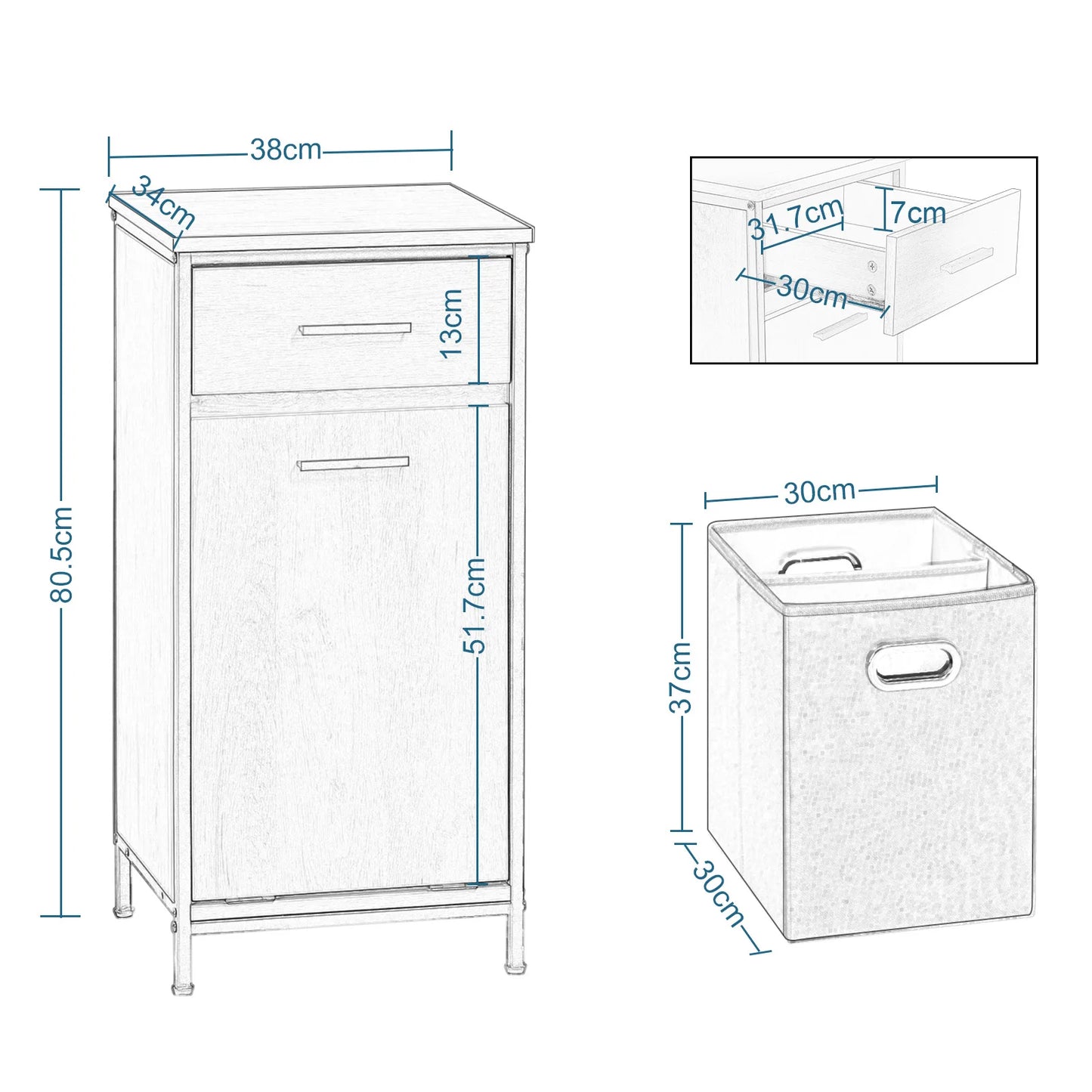 Badezimmerschrank 38×80 cm mit Wäschekorb & 2 Schubladen – Eiche/Schwarz