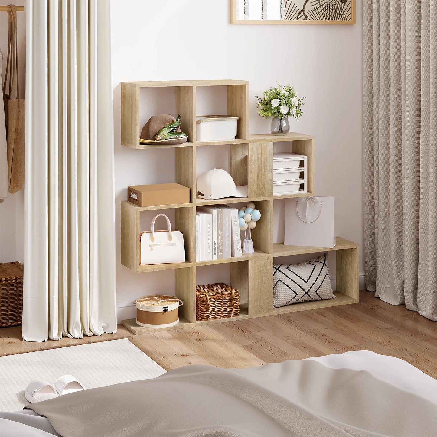 Bücherregal Treppenregal 4 Ebenen 115x109,5x19,5 cm Raumteiler Regal Weiß/Helle Eiche für Wohnzimmer Büro Schlafzimmer