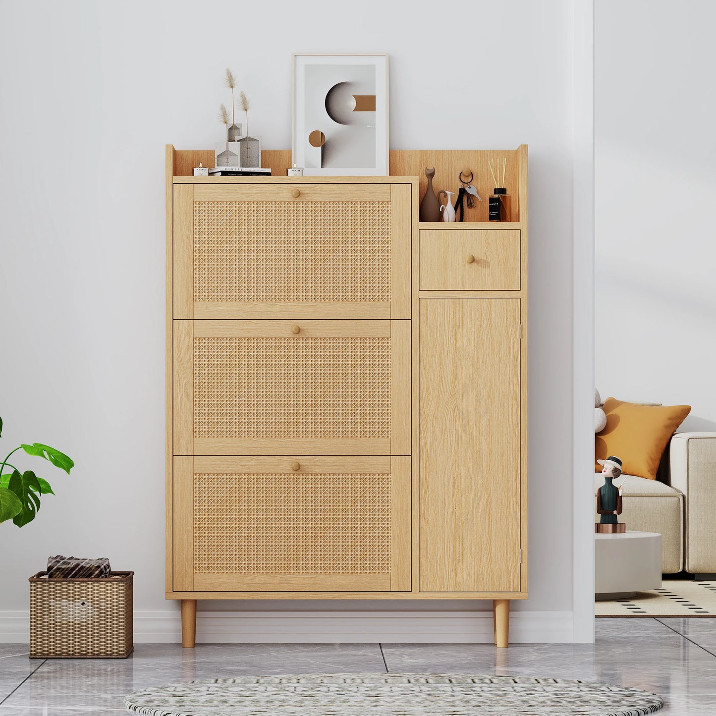 Schuhschrank mit Rattan-Optik – 3 Kippfächer & Schublade, kompakt & stilvoll