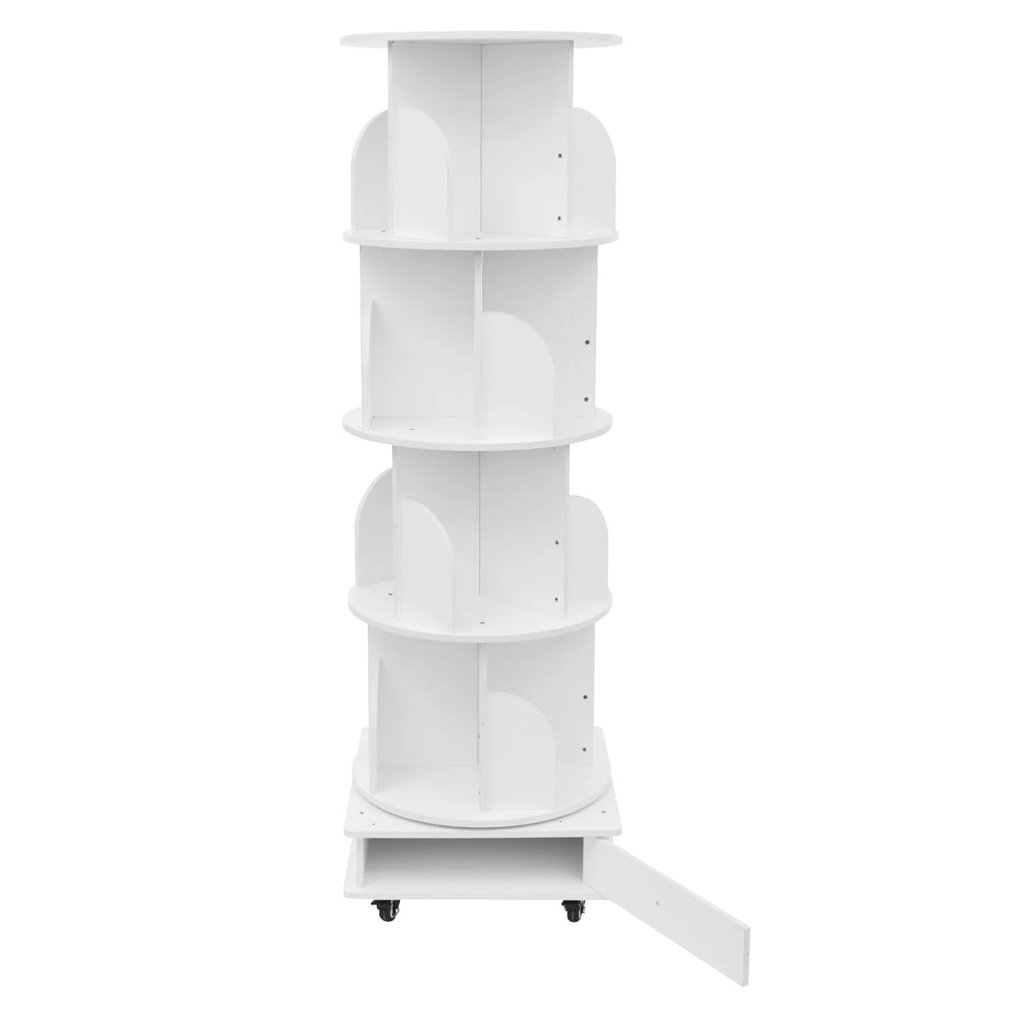 Rotating solid wood bookcase with drawer – 4 levels, 360° rotatable, on castors