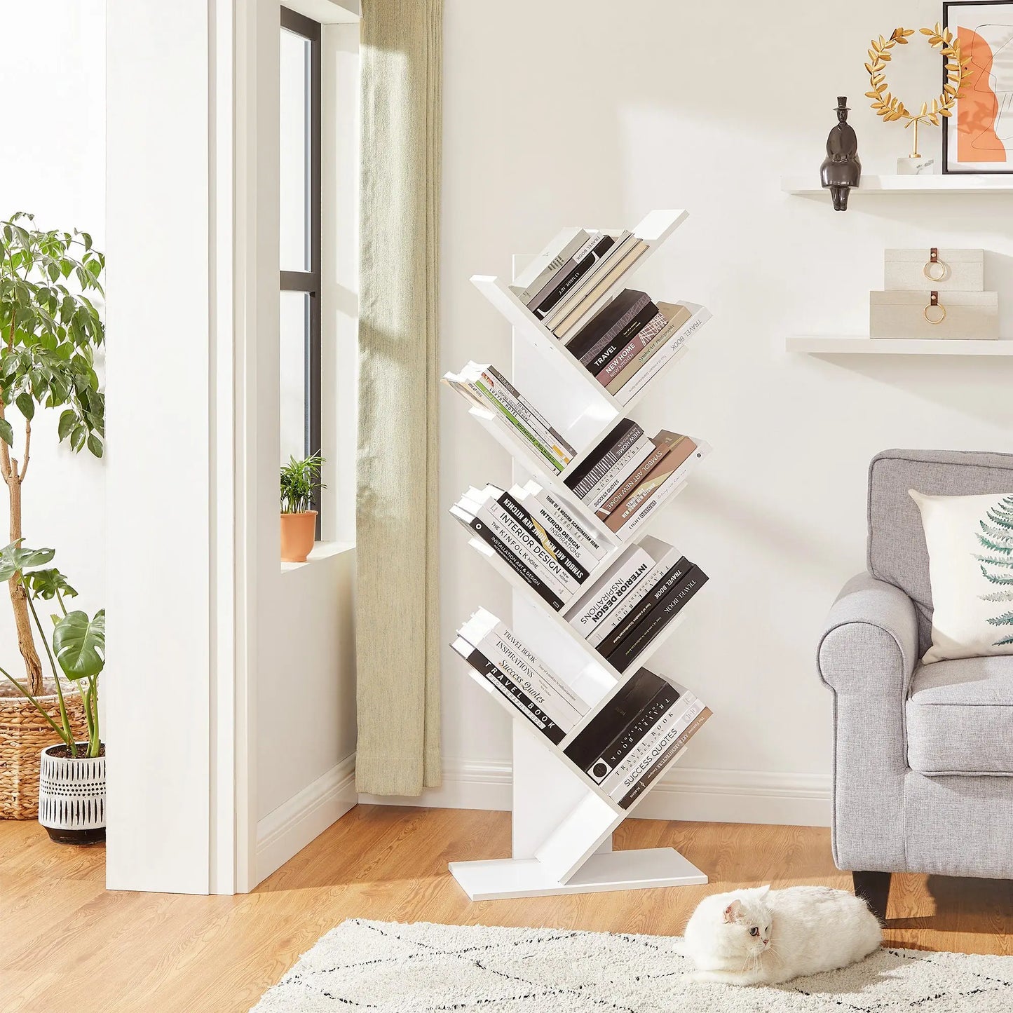 VASAGLE Tree-Shaped Bookshelf – 8 Tiers, White Wooden Shelf, Space-Saving & Modern
