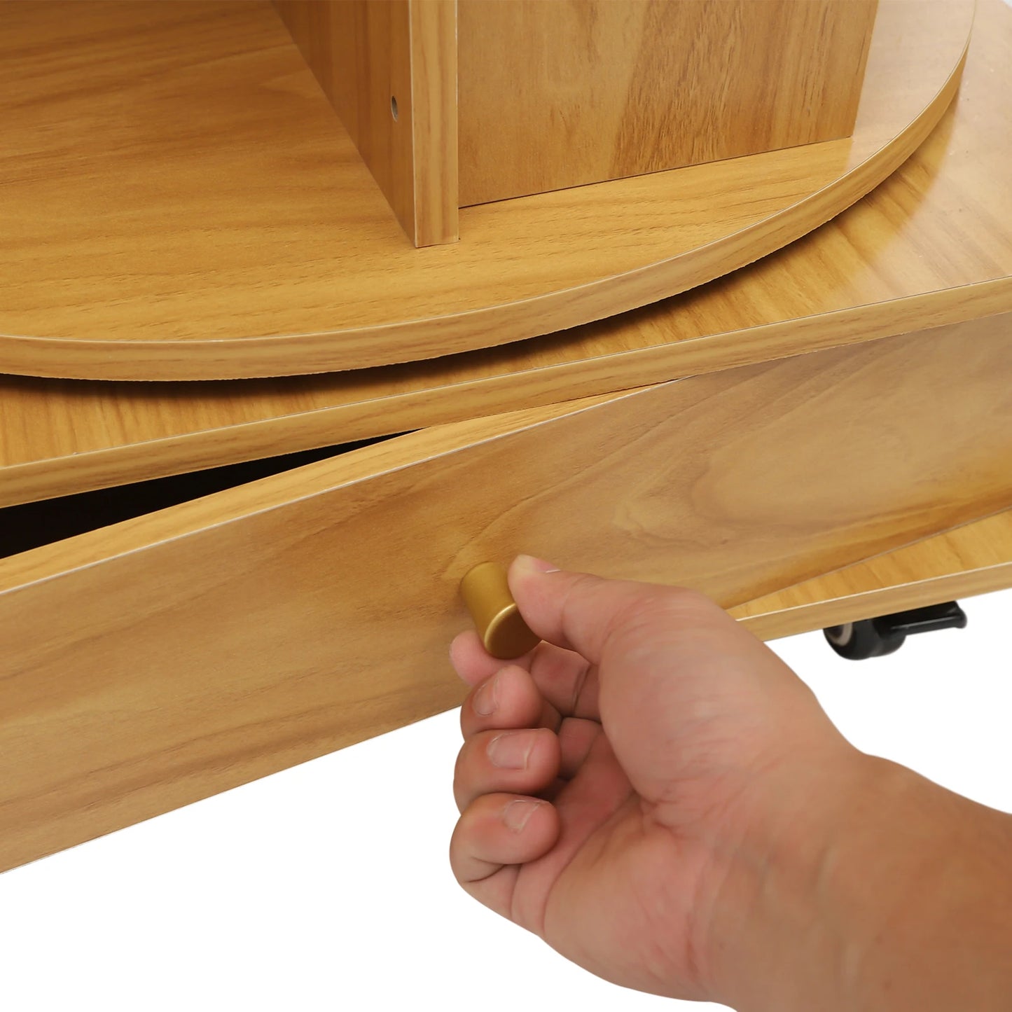 Rotating solid wood bookcase with drawer – 4 levels, 360° rotatable, on castors