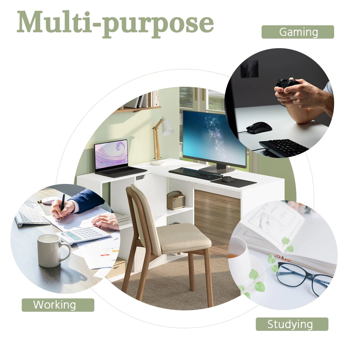 Weißer L-förmiger Computertisch mit Regalen 118 x 100 x 75 cm Eckschreibtisch mit Bücherregal für Büro und Home Office