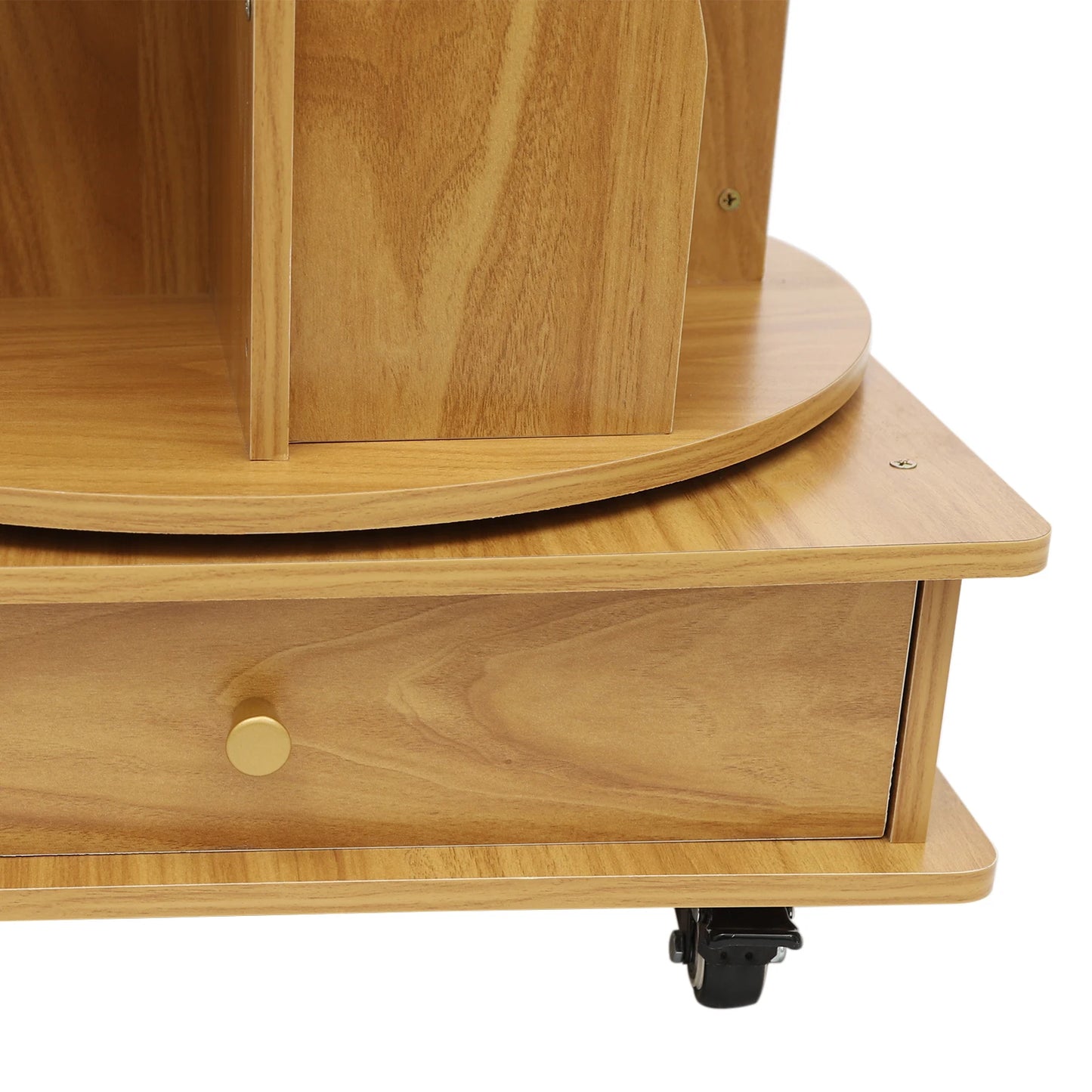 Rotating solid wood bookcase with drawer – 4 levels, 360° rotatable, on castors