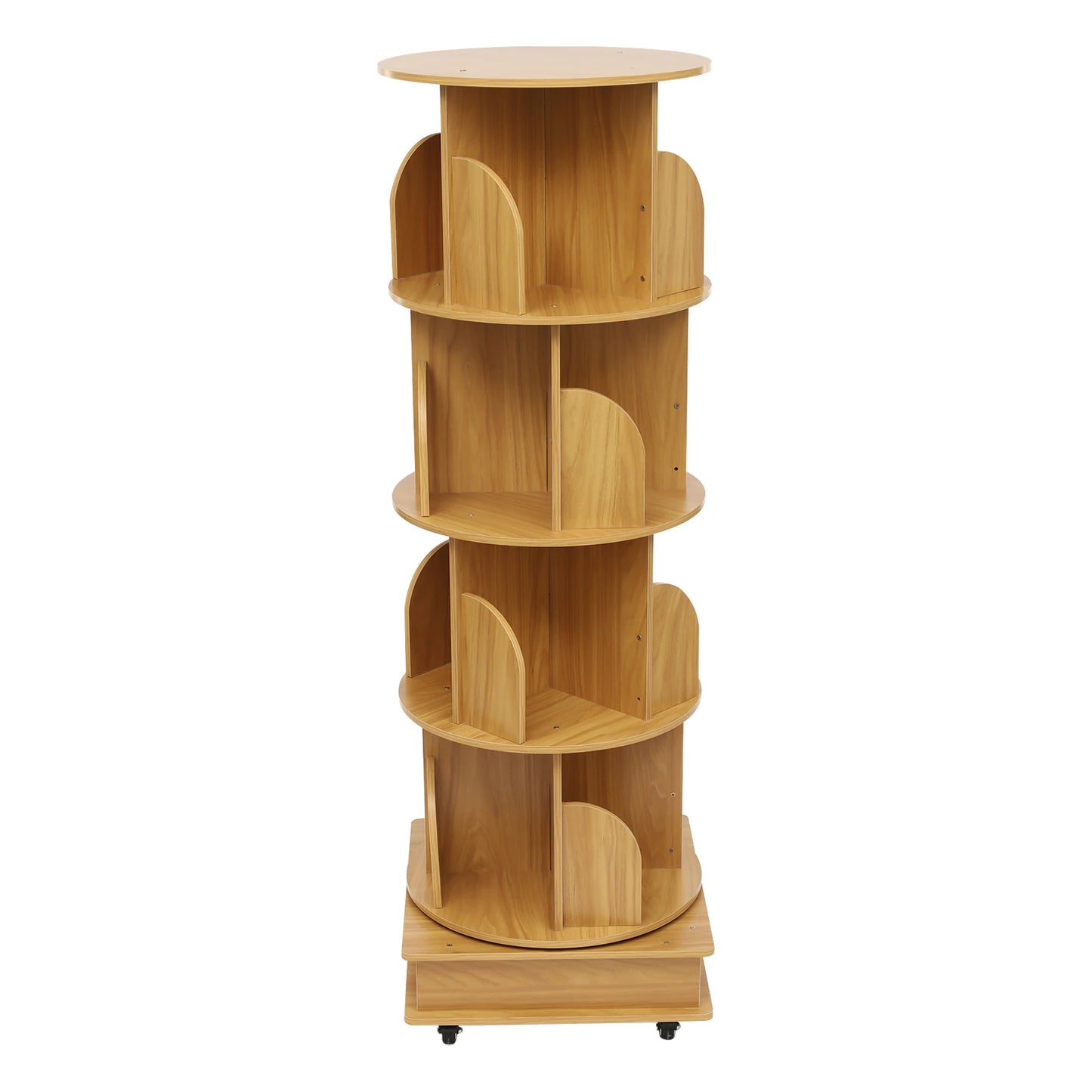 Rotating solid wood bookcase with drawer – 4 levels, 360° rotatable, on castors