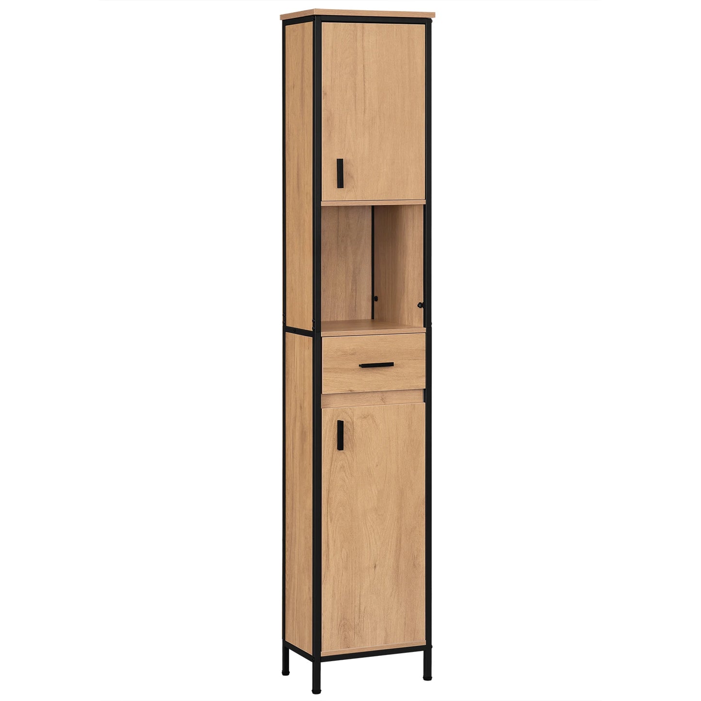Meuble de salle de bain haut avec tiroir et compartiments, 180 cm chêne/noir