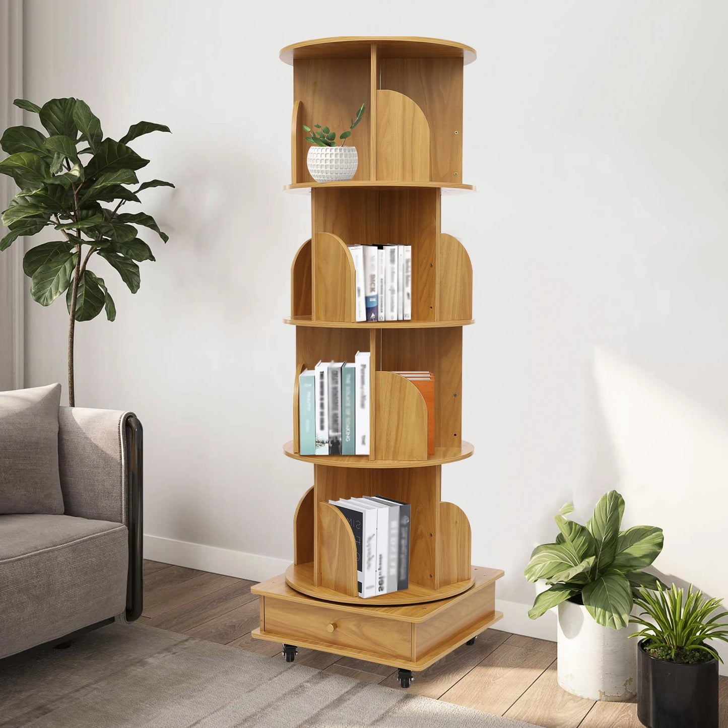 Rotating solid wood bookcase with drawer – 4 levels, 360° rotatable, on castors