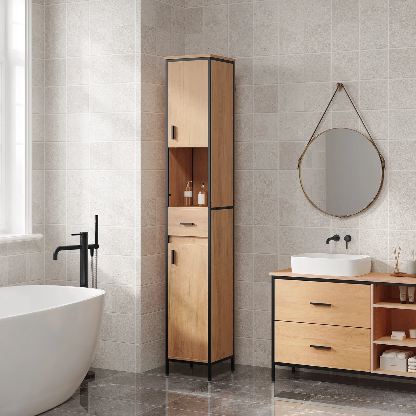 Meuble de salle de bain haut avec tiroir et compartiments, 180 cm chêne/noir
