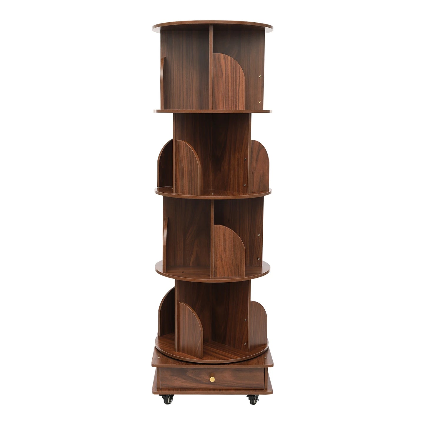 Rotating solid wood bookcase with drawer – 4 levels, 360° rotatable, on castors