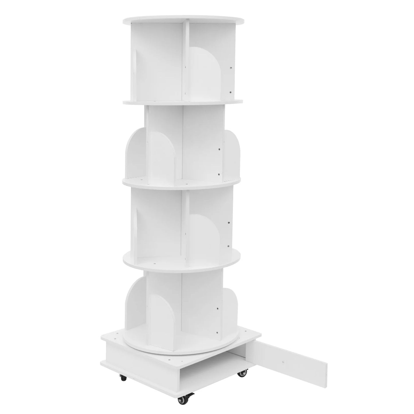 Rotating solid wood bookcase with drawer – 4 levels, 360° rotatable, on castors