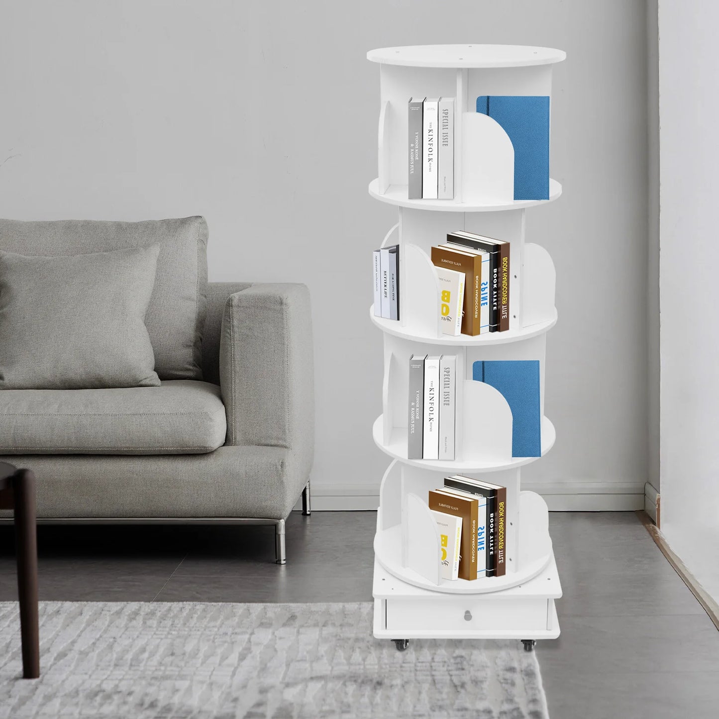 4-stufiges drehbares Bücherregal mit 360° Drehung 80–100 Bücher Holz Bücherregal mit Rollen für Wohnzimmer Büro Kinderzimmer