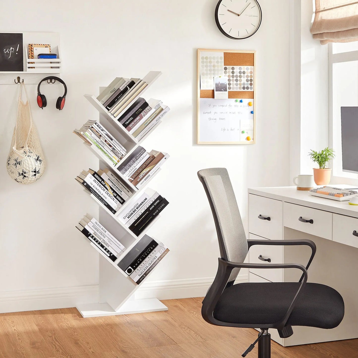VASAGLE Tree-Shaped Bookshelf – 8 Tiers, White Wooden Shelf, Space-Saving & Modern
