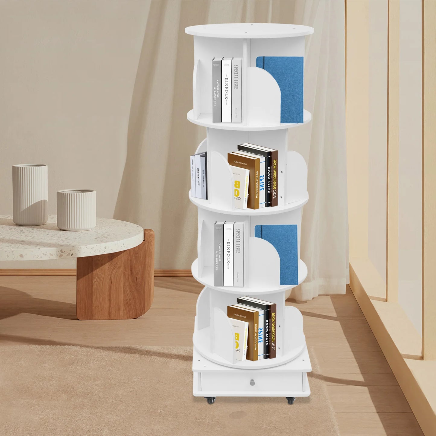 Rotating solid wood bookcase with drawer – 4 levels, 360° rotatable, on castors
