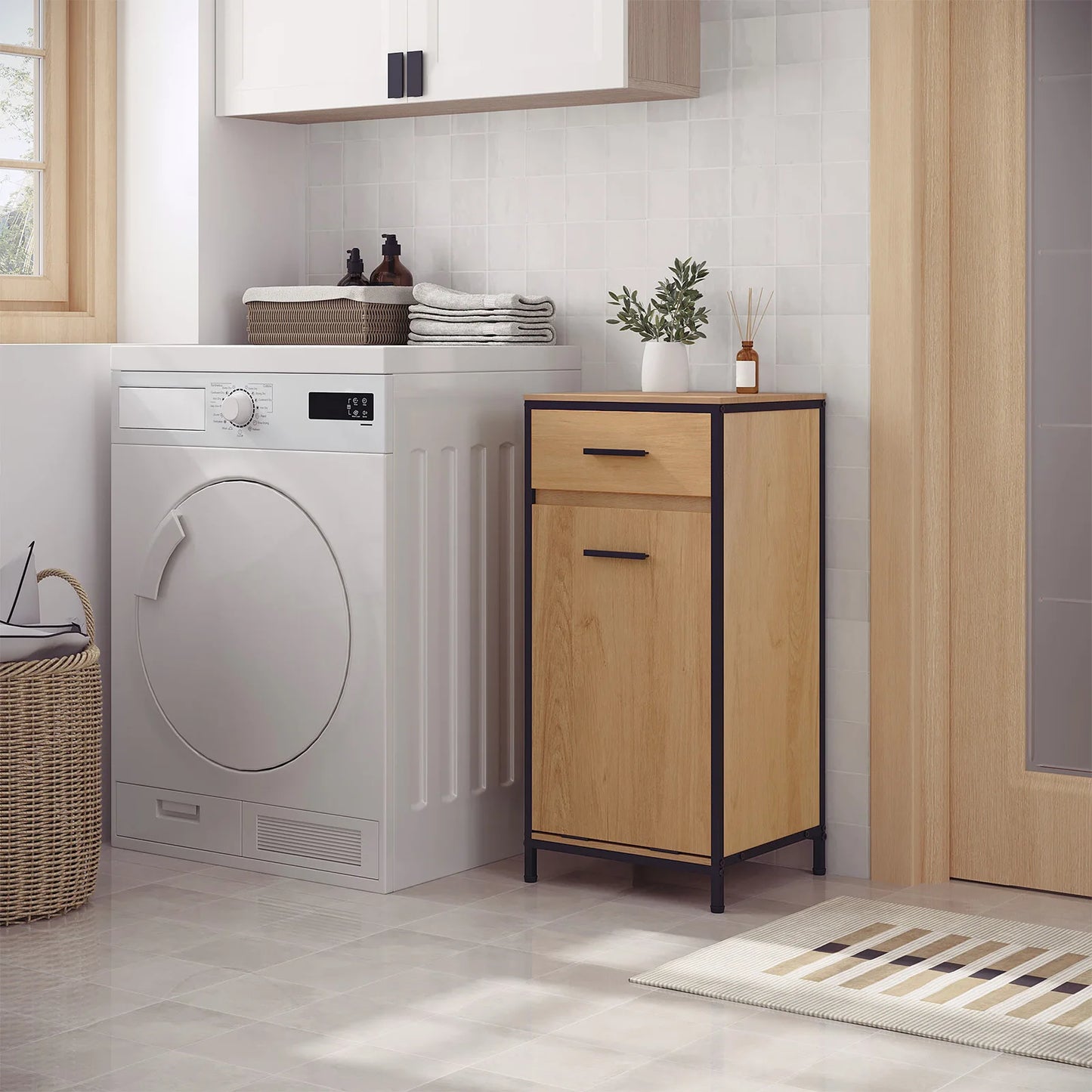 Meuble de salle de bain avec panier à linge et tiroirs, chêne/noir 80 cm