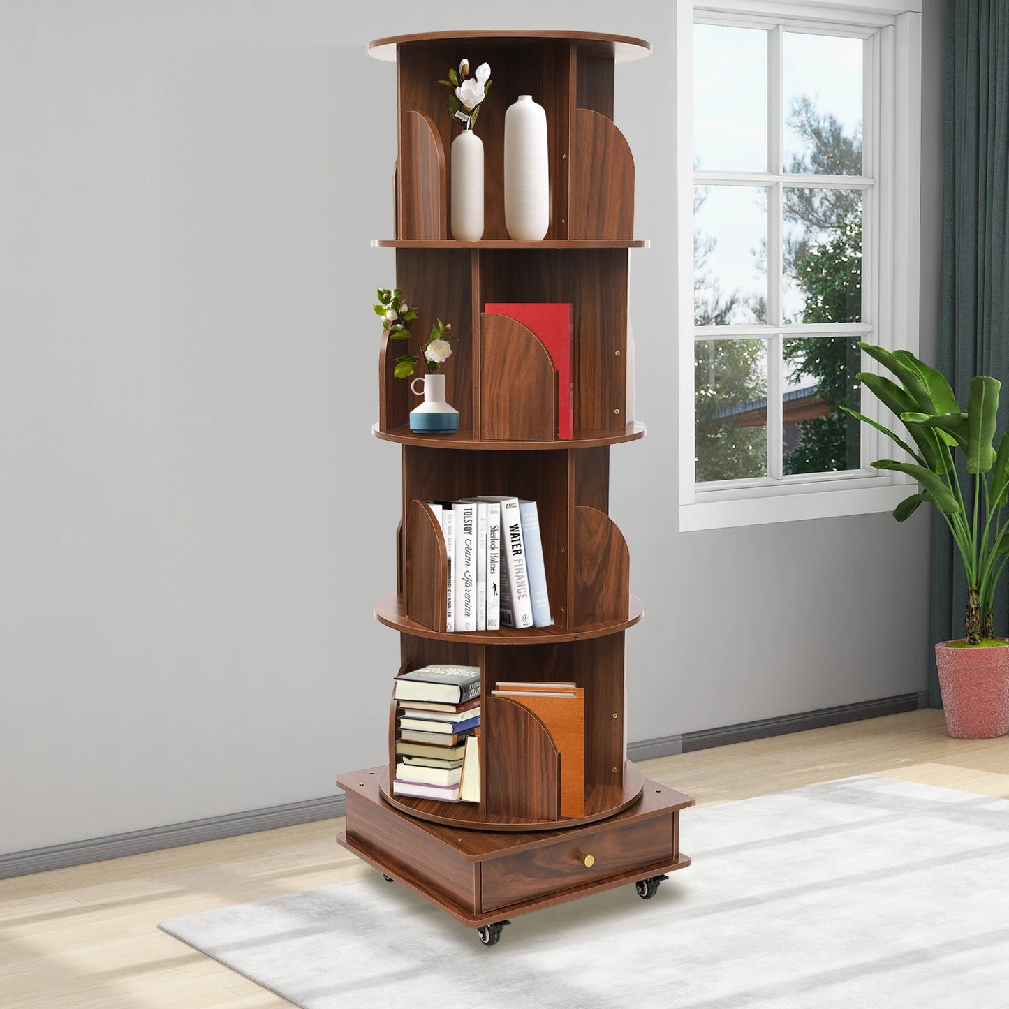 Rotating solid wood bookcase with drawer – 4 levels, 360° rotatable, on castors