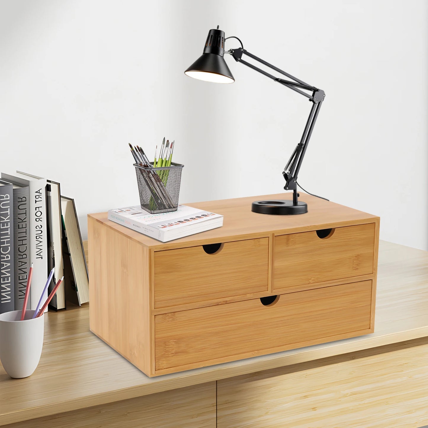 Bambus Schreibtisch Organizer mit 3 Schubladen 33 x 19 x 16 cm Holz Desktop Organizer für Büro und Zuhause