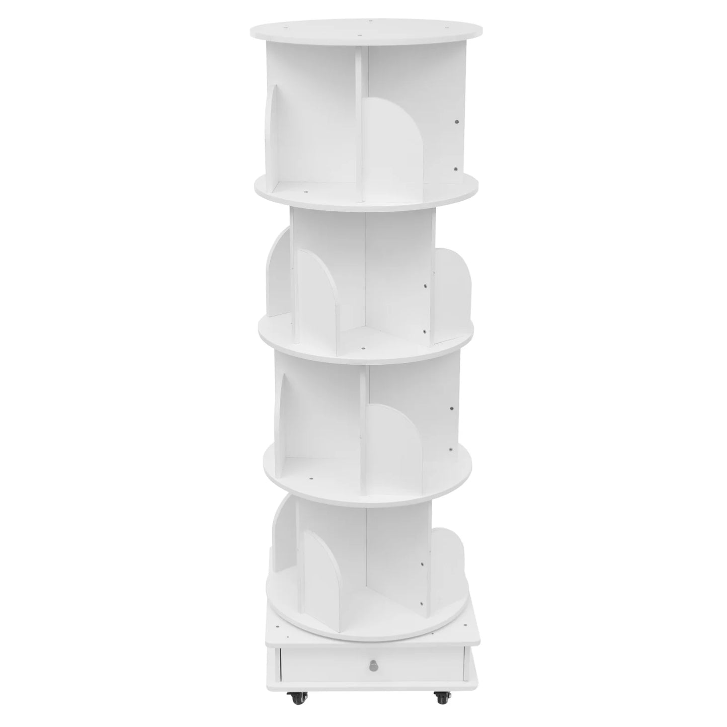 Rotating solid wood bookcase with drawer – 4 levels, 360° rotatable, on castors