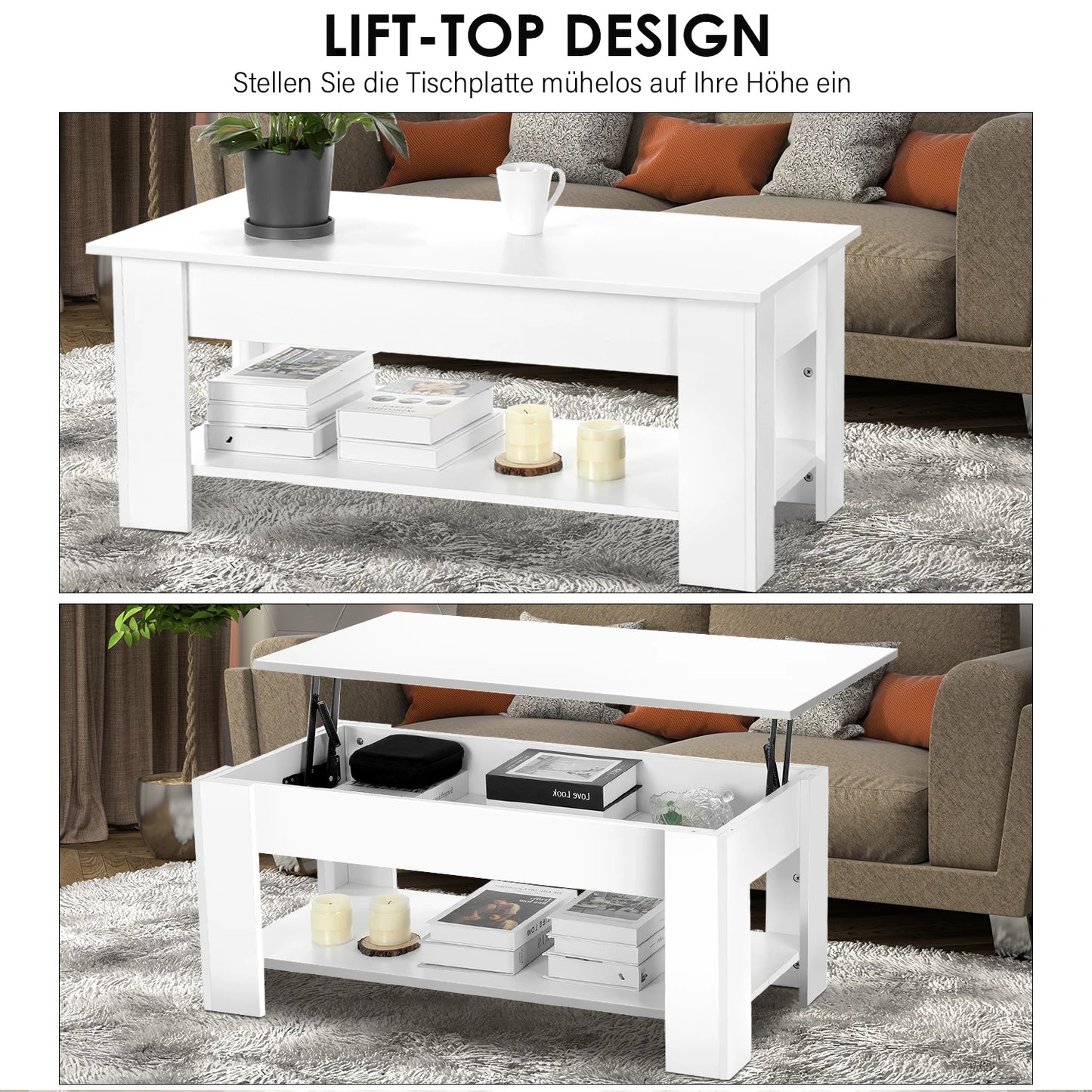Couchtisch mit Höhenverstellbarer Platte KaffeHöhenverstellbarer Couchtisch mit Stauraum – Weiß, ausziehbar – Sofatisch für Wohnzimmer & Büroetisch ausziehbarer Wohnzimmertisch Sofatisch für Wohnzimmer, Büro, weiß