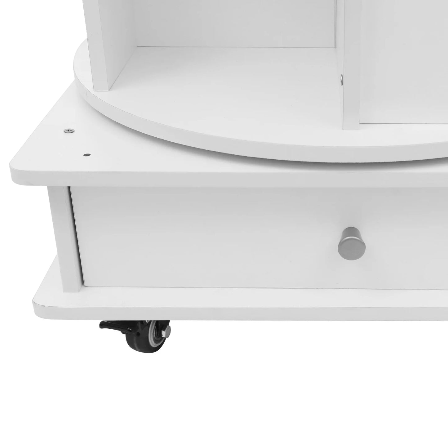Rotating solid wood bookcase with drawer – 4 levels, 360° rotatable, on castors