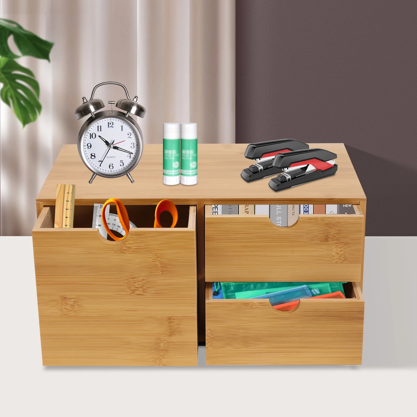 Bambus Schreibtisch Organizer mit 3 Schubladen Retro Design Umweltfreundlicher Tisch Organizer für Büro und Home Office