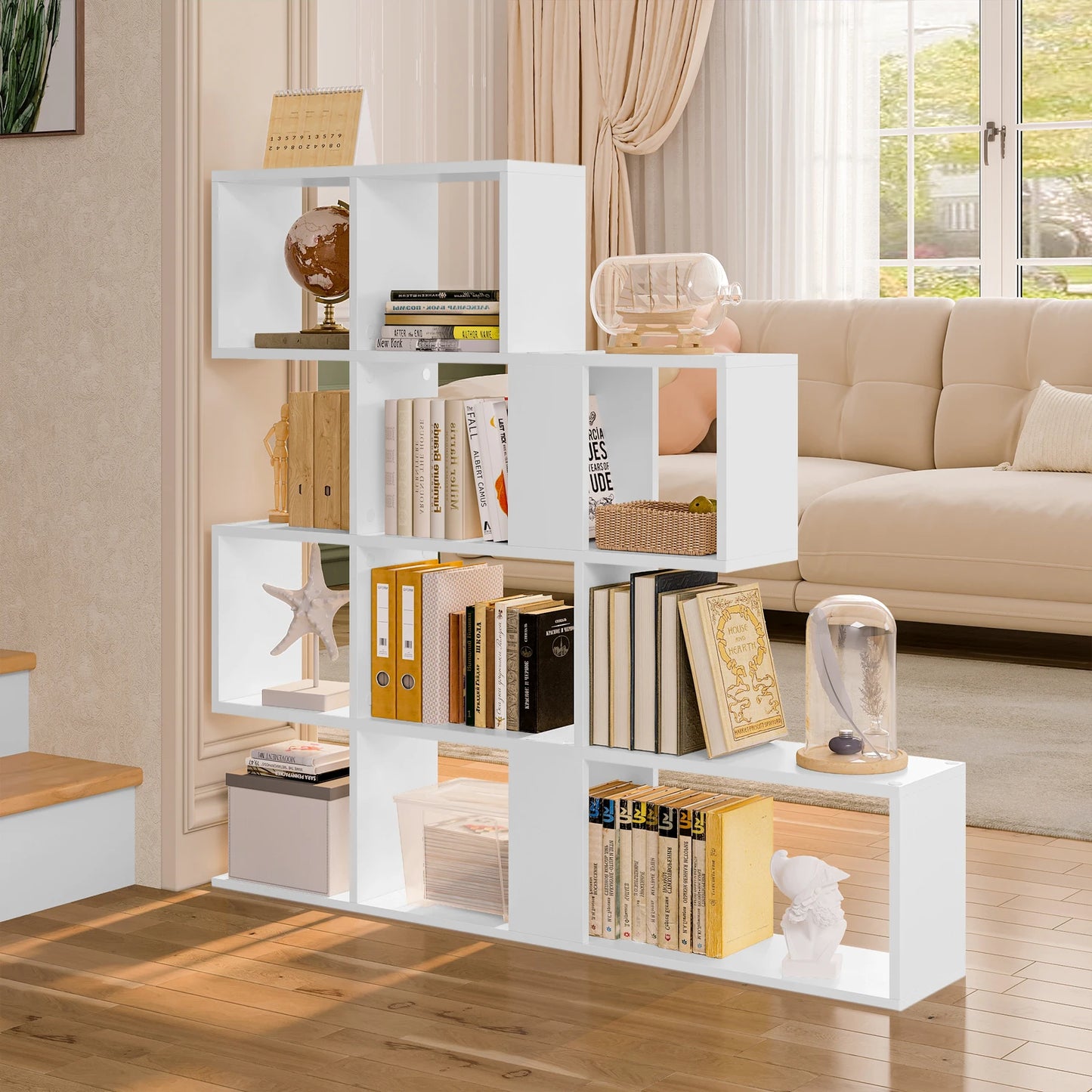 Bücherregal Treppenregal 4 Ebenen 115x109,5x19,5 cm Raumteiler Regal Weiß/Helle Eiche für Wohnzimmer Büro Schlafzimmer