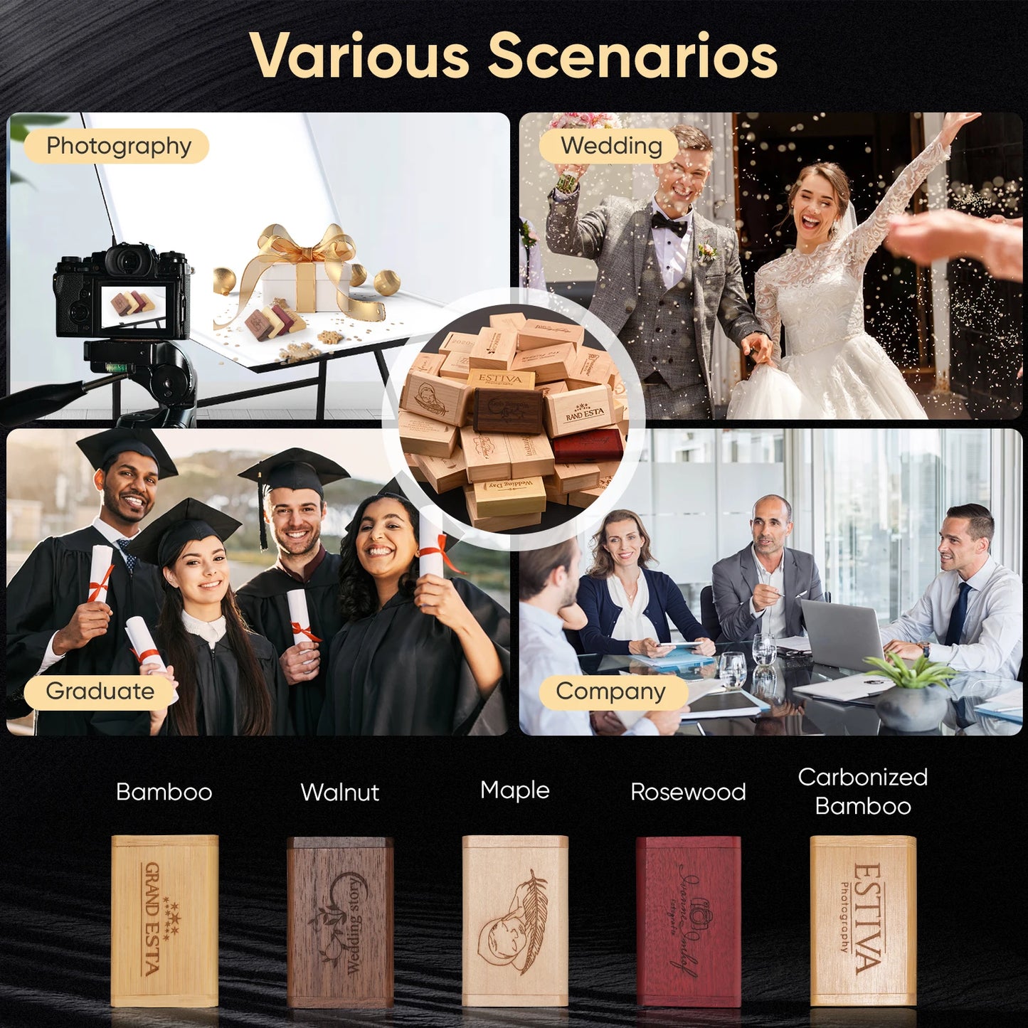 USB Stick Wood 4-128GB – Engraving Available, Gift, Bamboo, Walnut, Maple